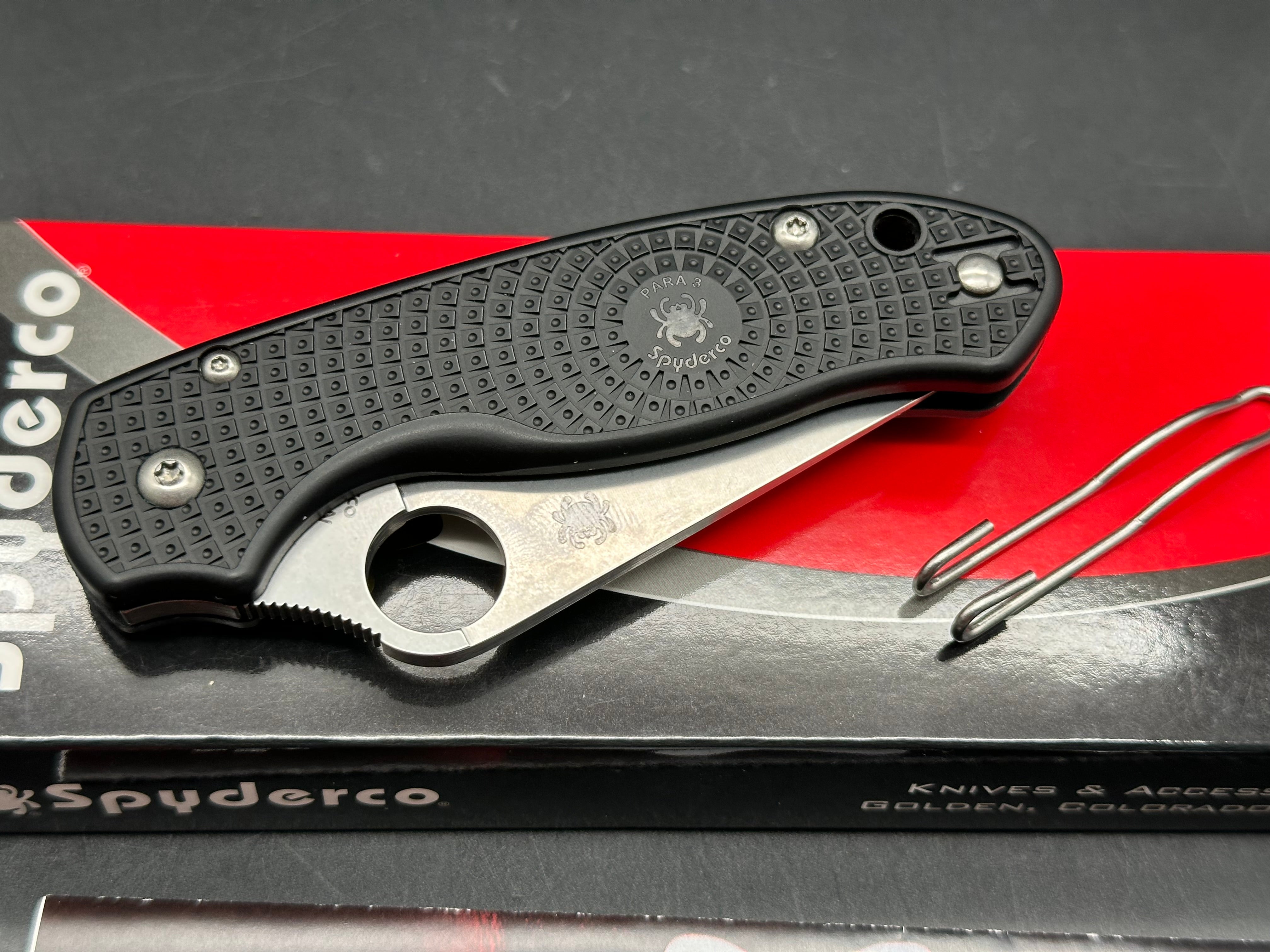 Spyderco Para 3 Lightweight, 2.93" BD1N Stonewash Blade with Black FRN Scales with Lynch NW Titanium Pocket Clip Installed