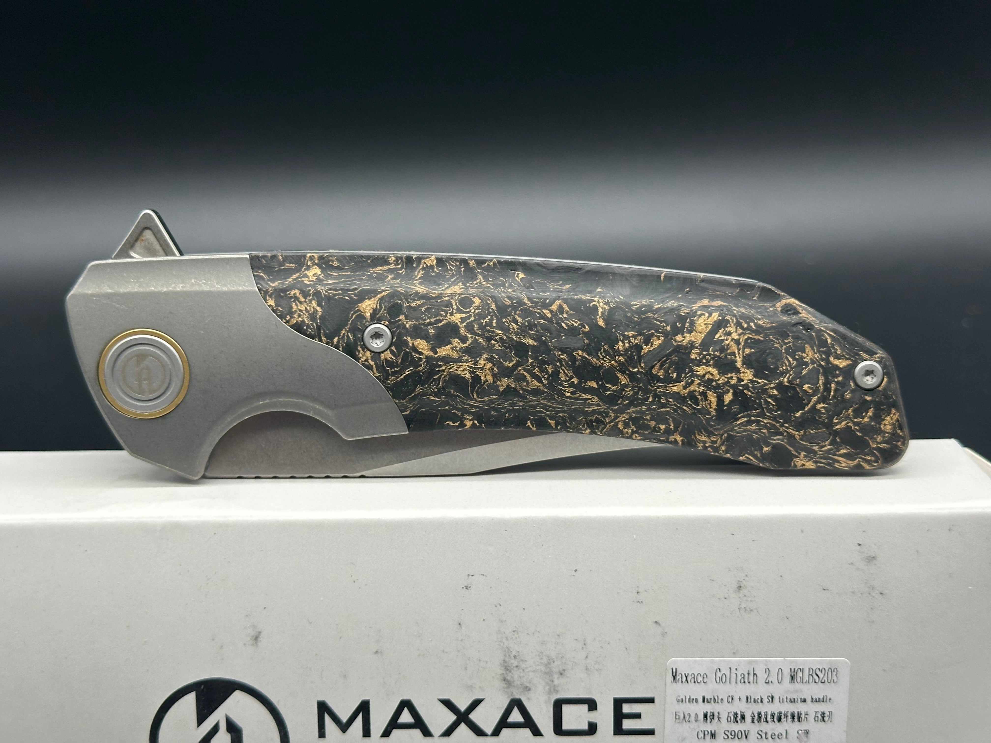 Maxace Goliath 2.0 CPM S90V Bowie folding knife, gold shred carbon fiber