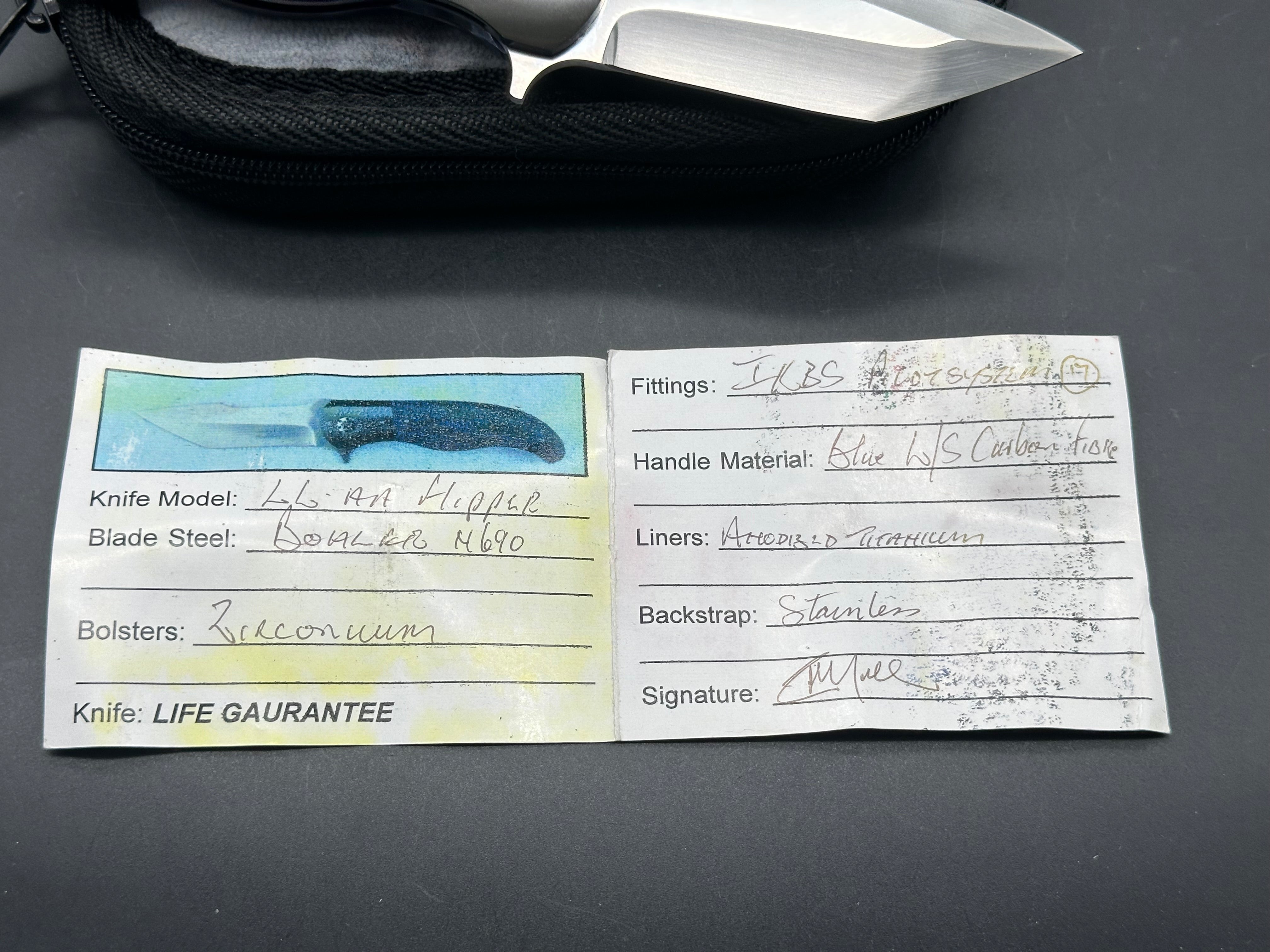 Custom George Muller LL-AA, M690 satin blade, blue lightening strike carbon fiber scales