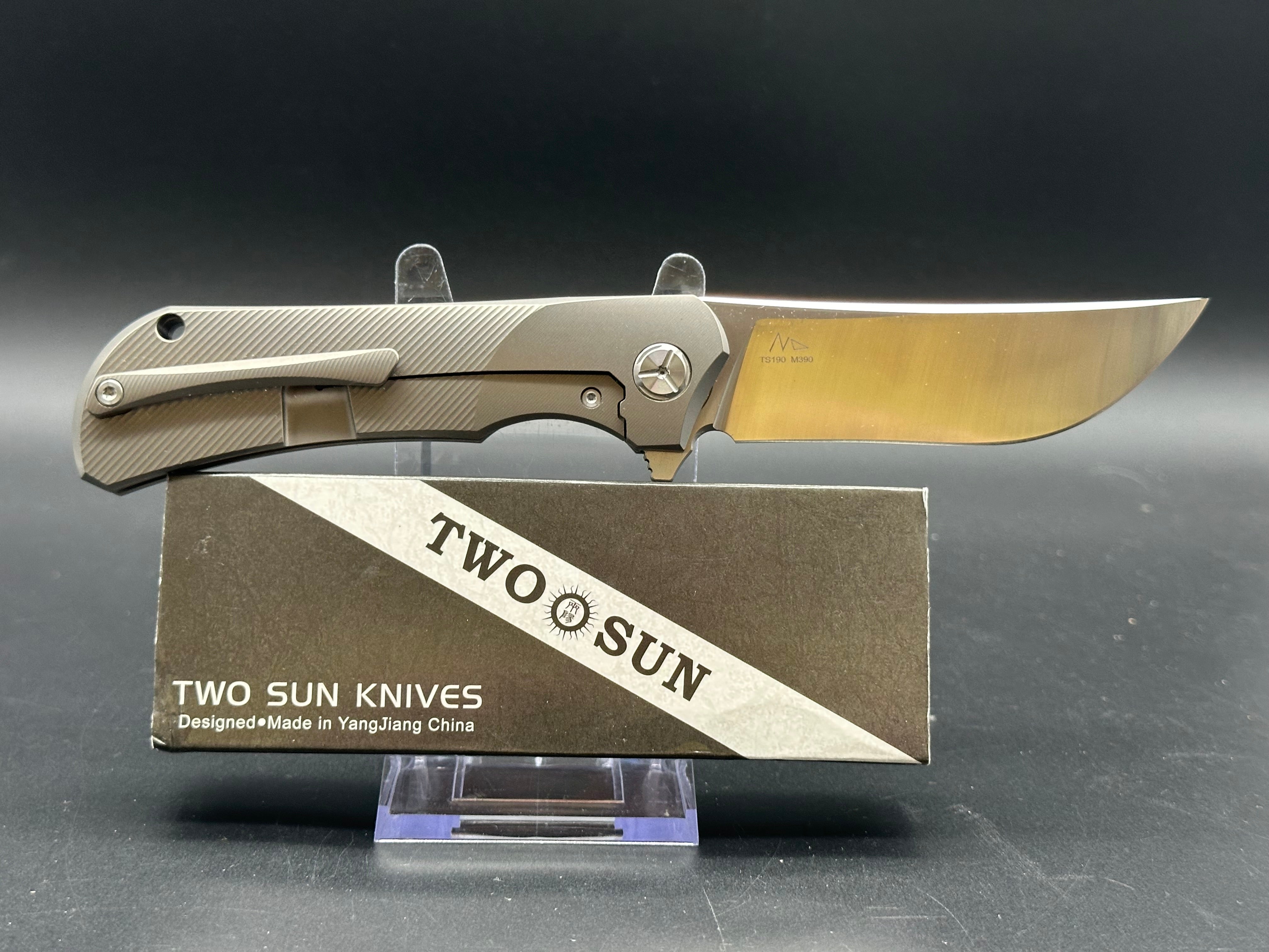 TWOSUN TS190 FOLDING KNIFE GRAY TITANIUM ALLOY HANDLE M390 COBRA PLAIN EDGE