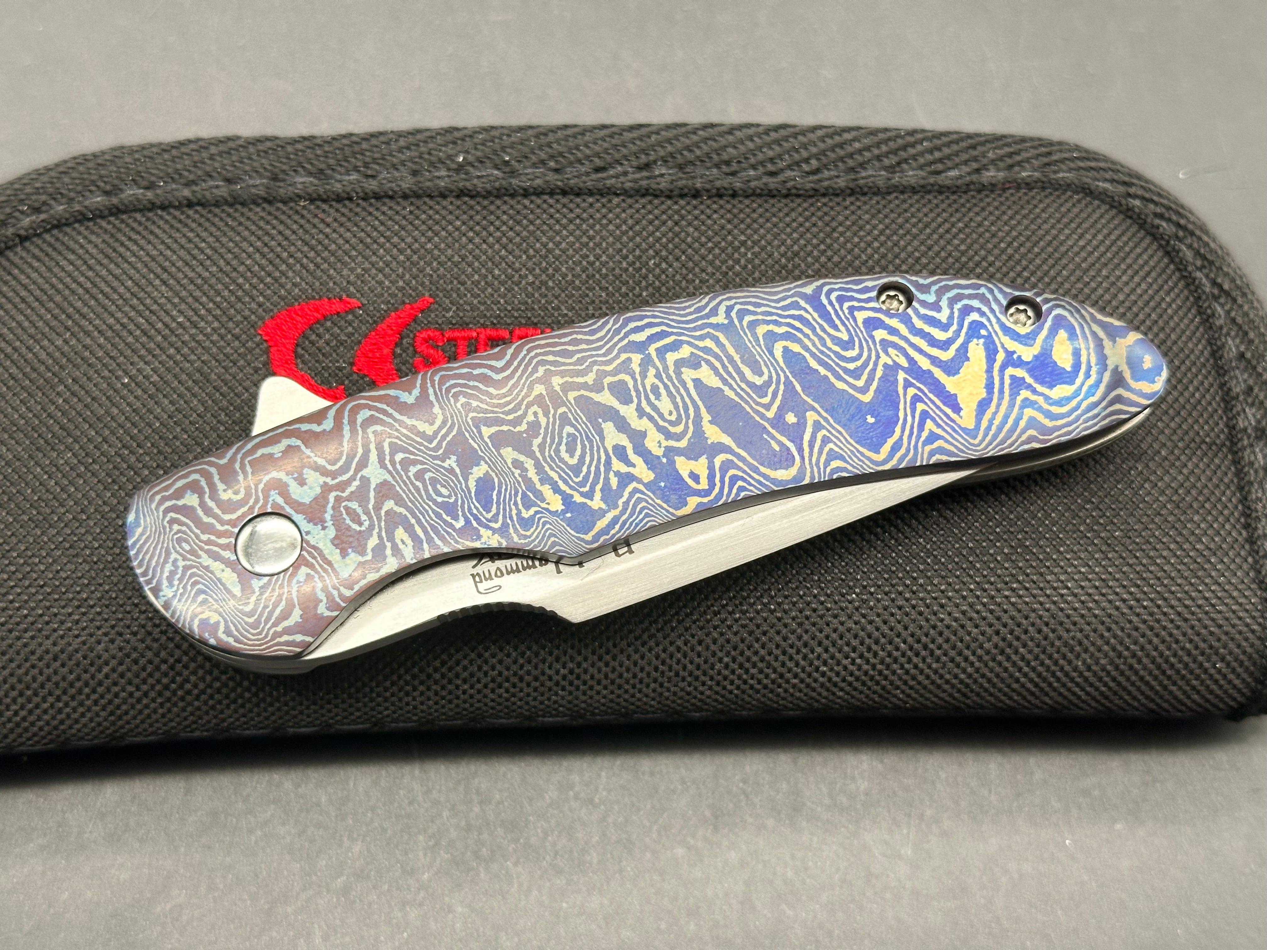 Pat Hammond custom one off Trilogy, hand rubbed satin CPM-154 blade, heat colored Mokuti show scale