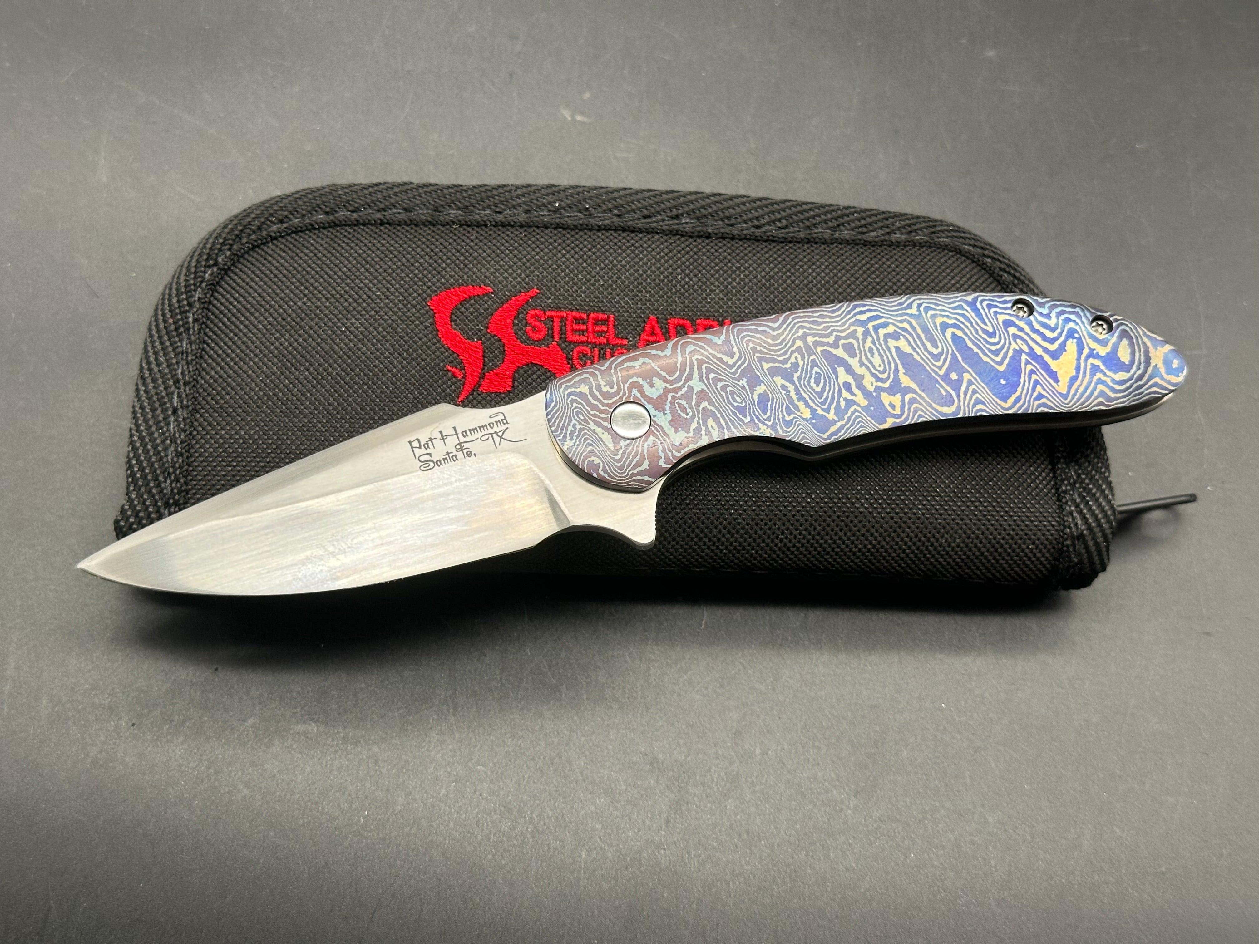 Pat Hammond custom one off Trilogy, hand rubbed satin CPM-154 blade, heat colored Mokuti show scale