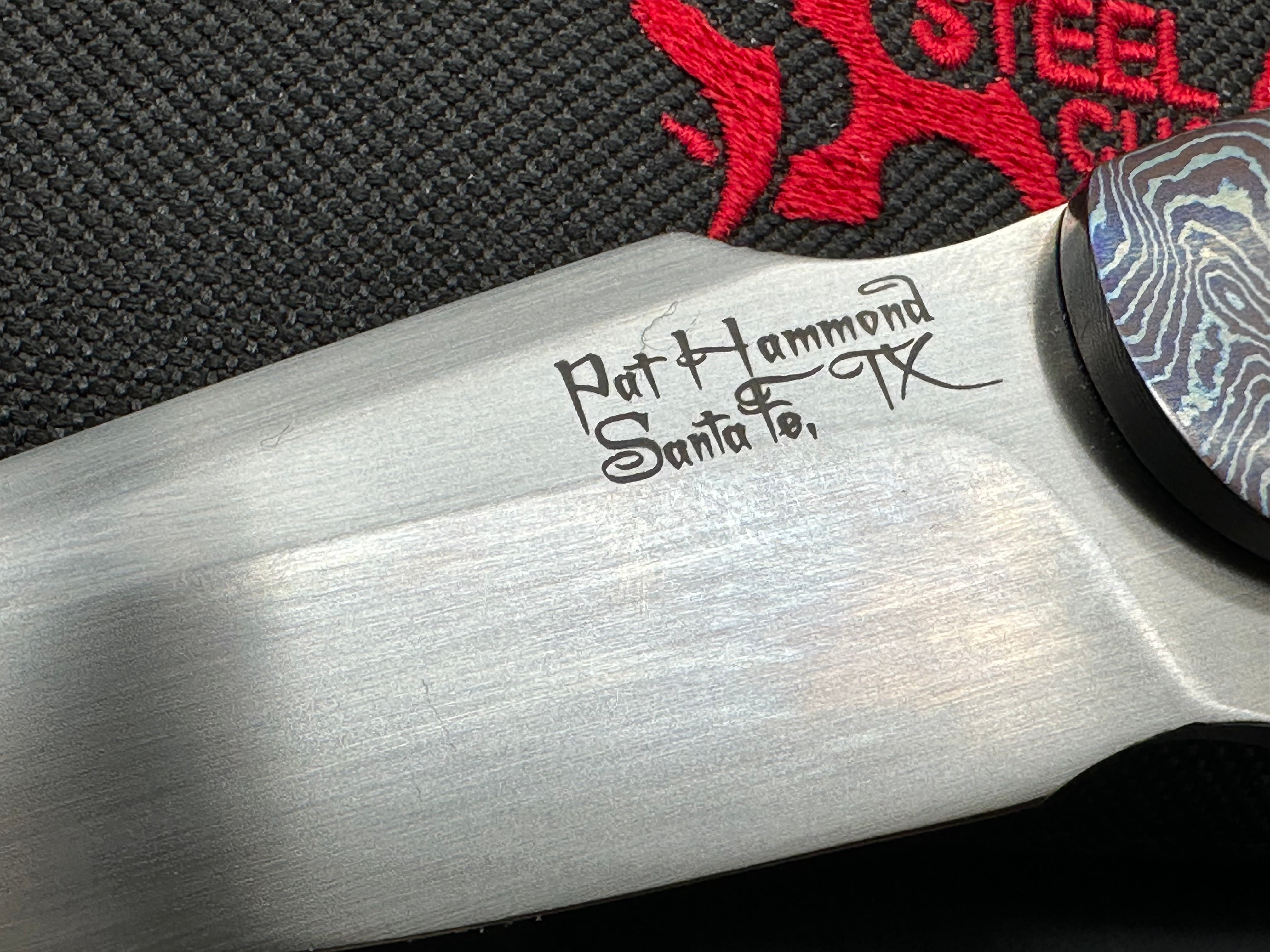 Pat Hammond custom one off Trilogy, hand rubbed satin CPM-154 blade, heat colored Mokuti show scale