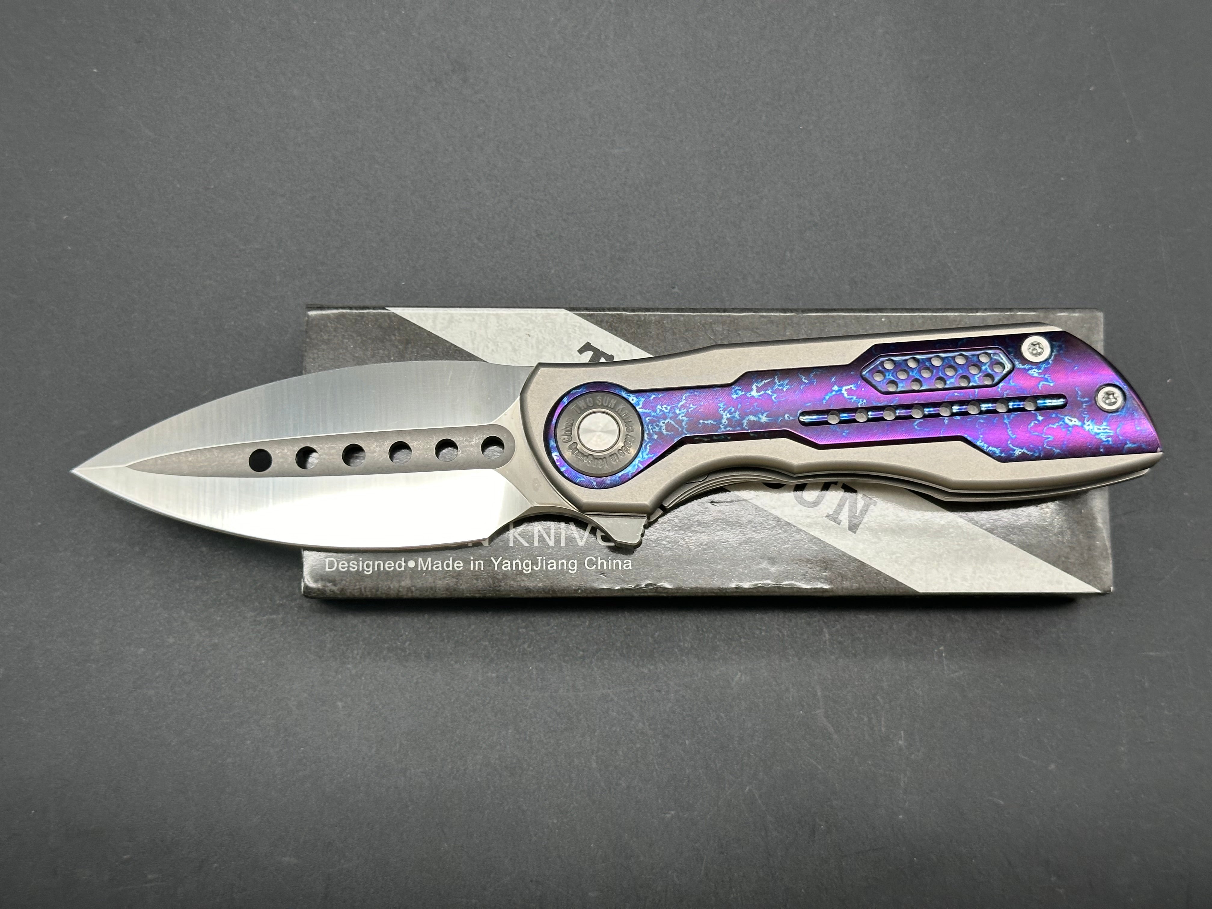 TWOSUN TS440 FOLDING KNIFE COLOR TITANIUM HANDLE 14C28N PLAIN EDGE