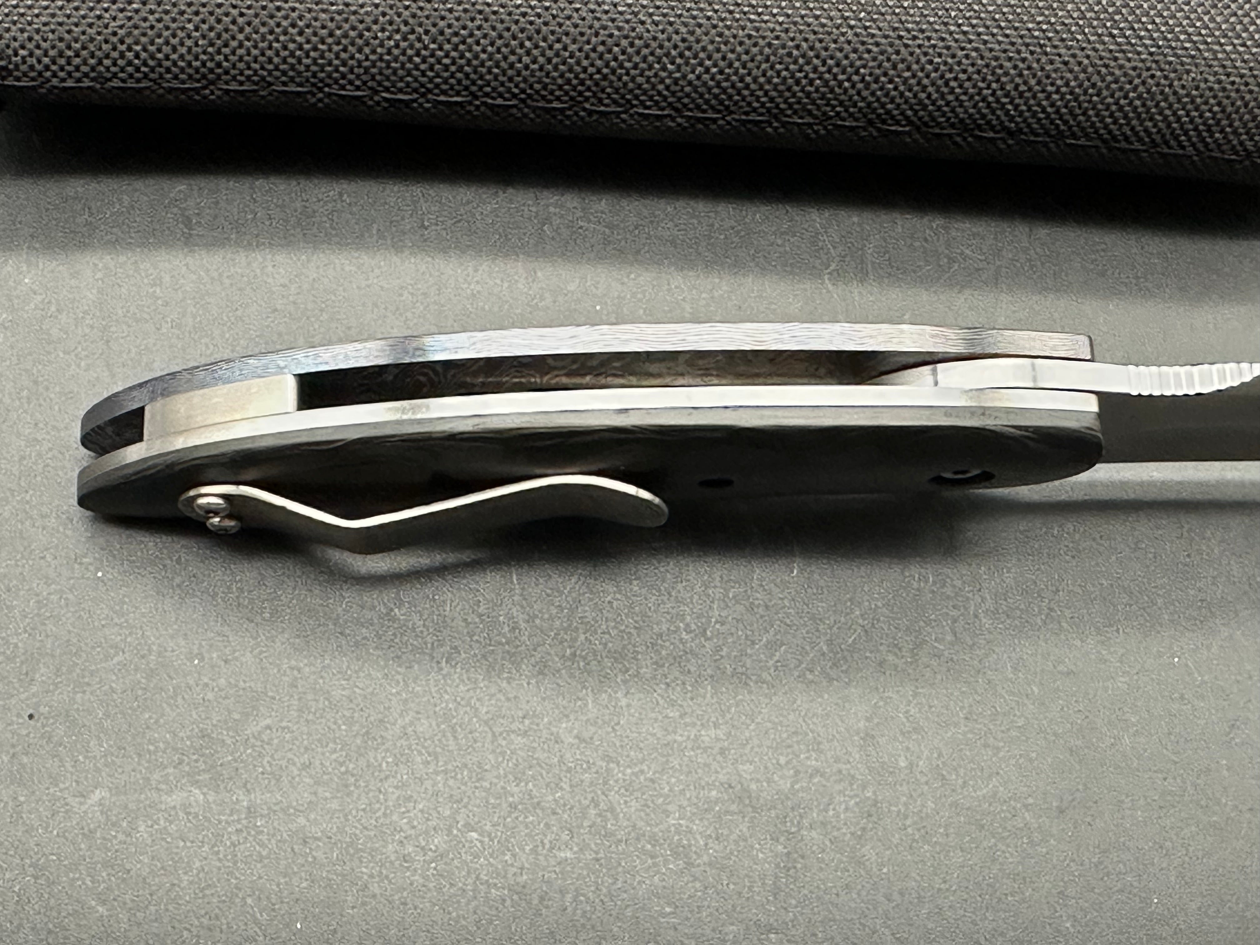 Pat Hammond custom one off Trilogy, hand rubbed satin CPM-154 blade, heat colored Mokuti show scale