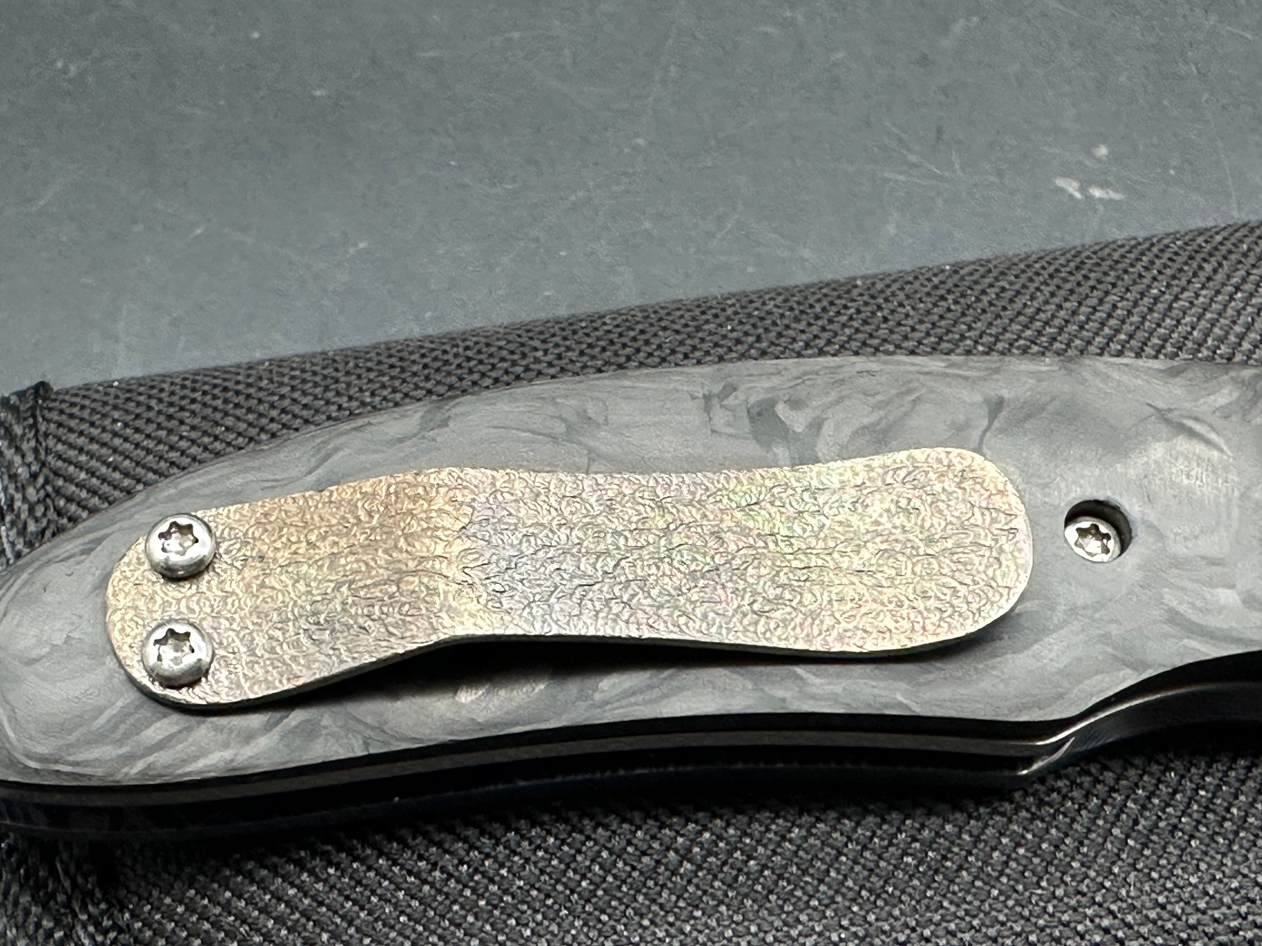 Pat Hammond custom one off Trilogy, hand rubbed satin CPM-154 blade, heat colored Mokuti show scale