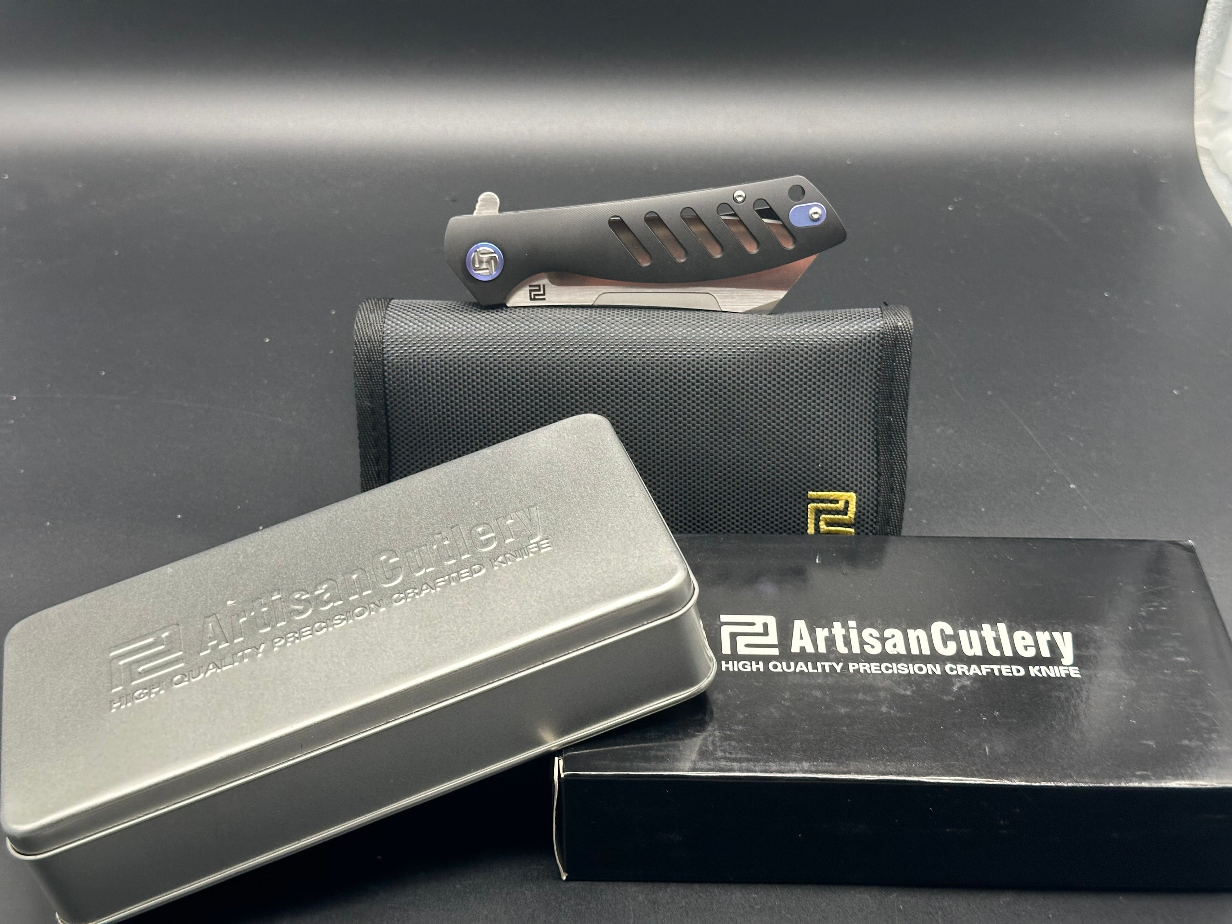 Artisan Cutlery 1815G-BKM "Tomahawk" M390 3.8" Wharncliffe Satin Blade, Black TI Frame, Blue Pivot, LNIB. Never used, carried, or modified. As from the factory w/BOX, Pouch, Tin, spec. card. $150