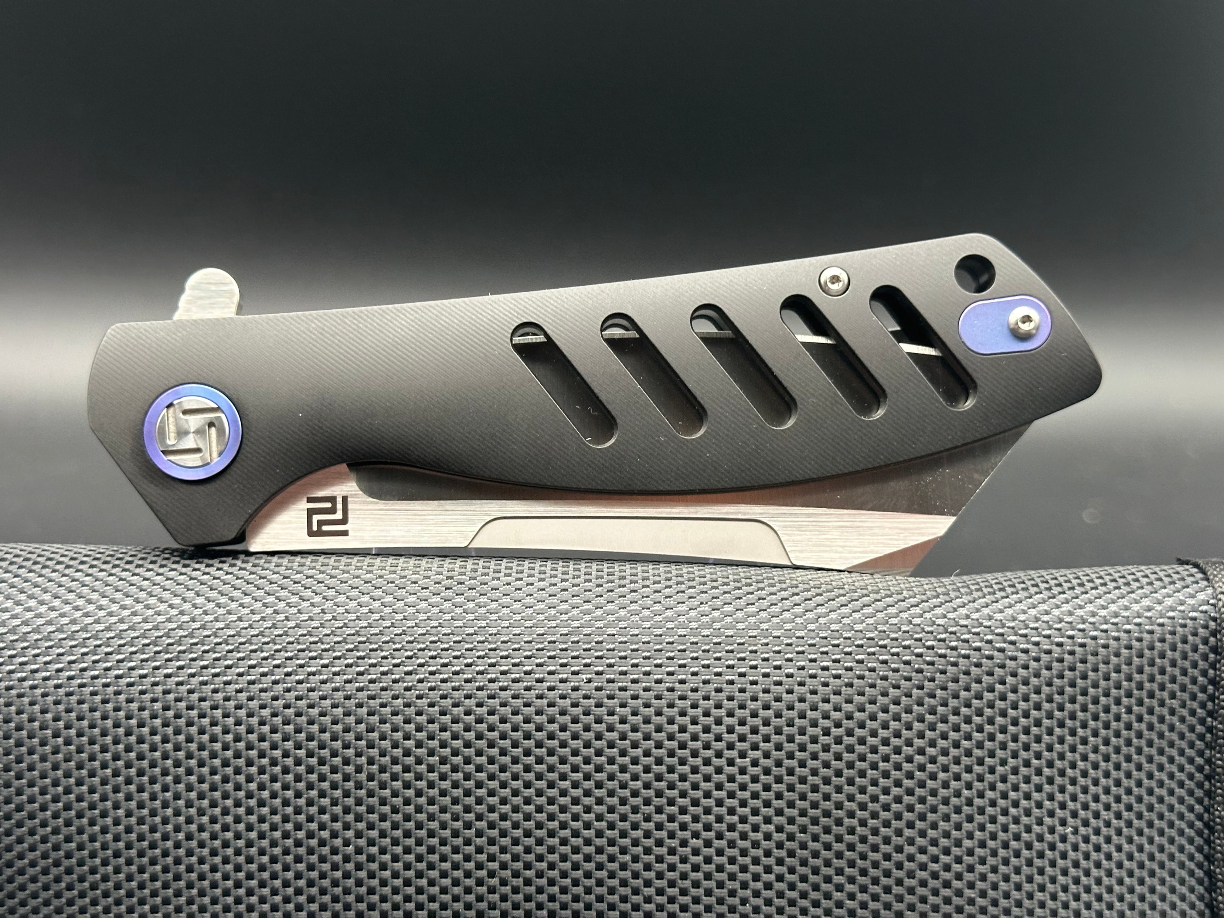 Artisan Cutlery 1815G-BKM "Tomahawk" M390 3.8" Wharncliffe Satin Blade, Black TI Frame, Blue Pivot, LNIB. Never used, carried, or modified. As from the factory w/BOX, Pouch, Tin, spec. card. $150