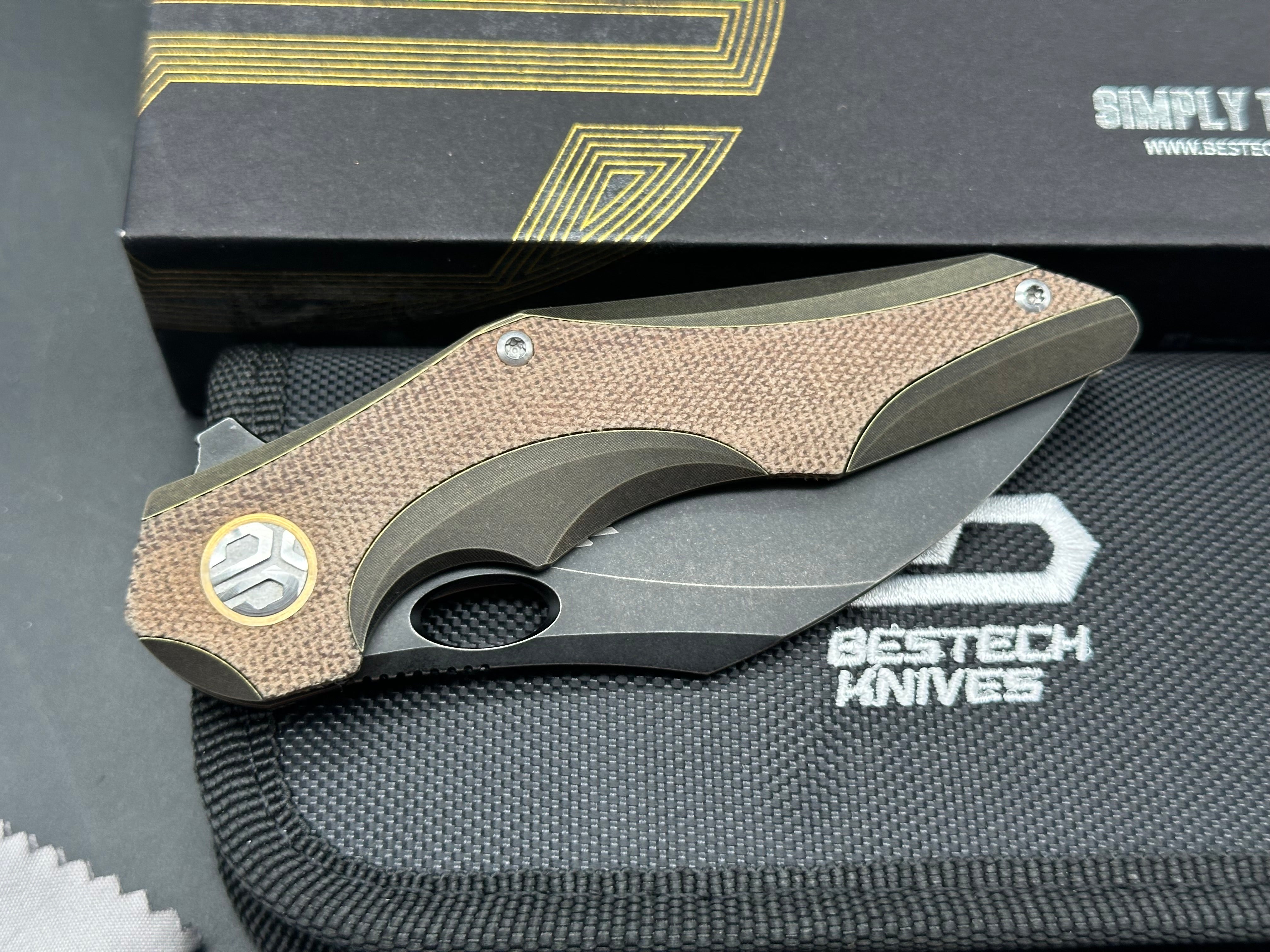 Bestech Nogard Folding Knife Bronze Stonewash Ti Canvas Micarta Handle M390 Plain Black Blade