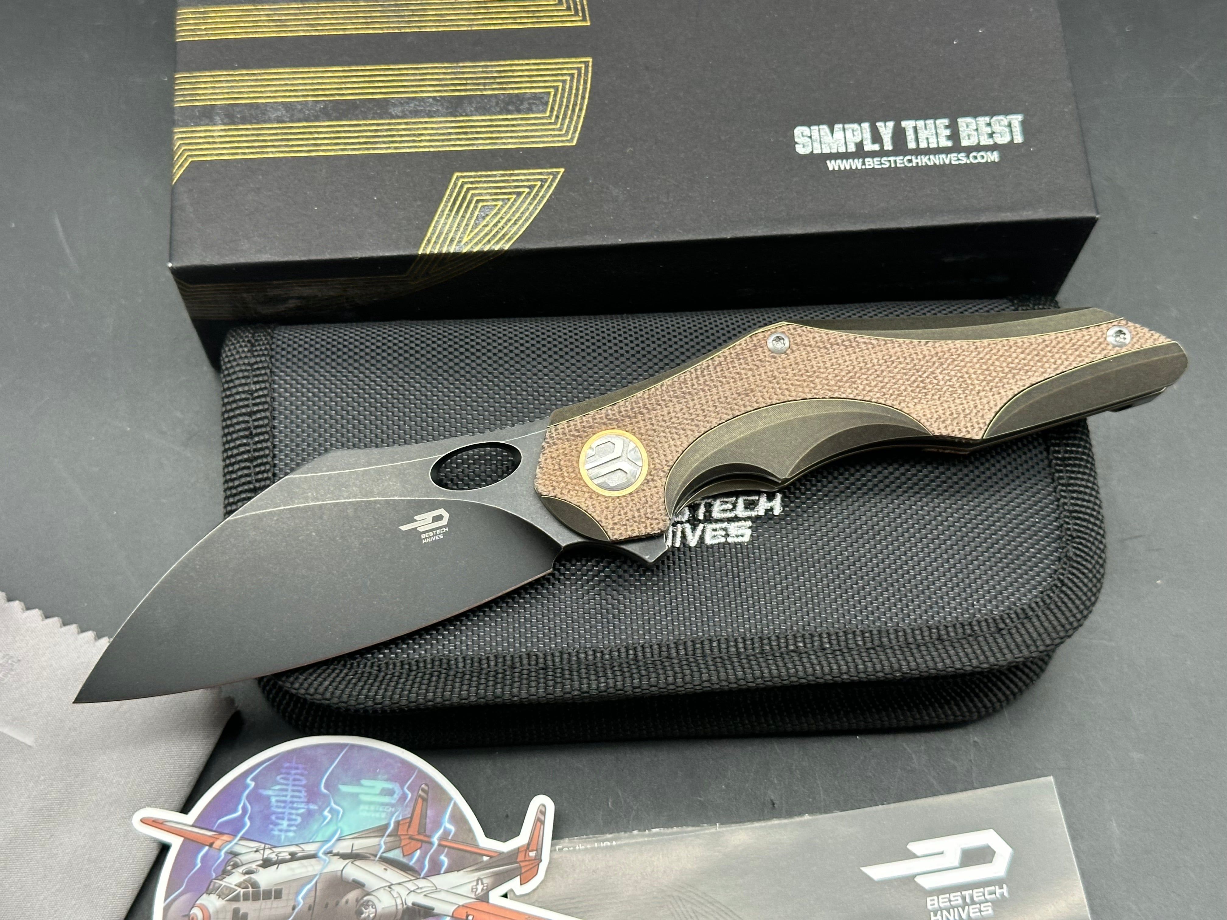 Bestech Nogard Folding Knife Bronze Stonewash Ti Canvas Micarta Handle M390 Plain Black Blade