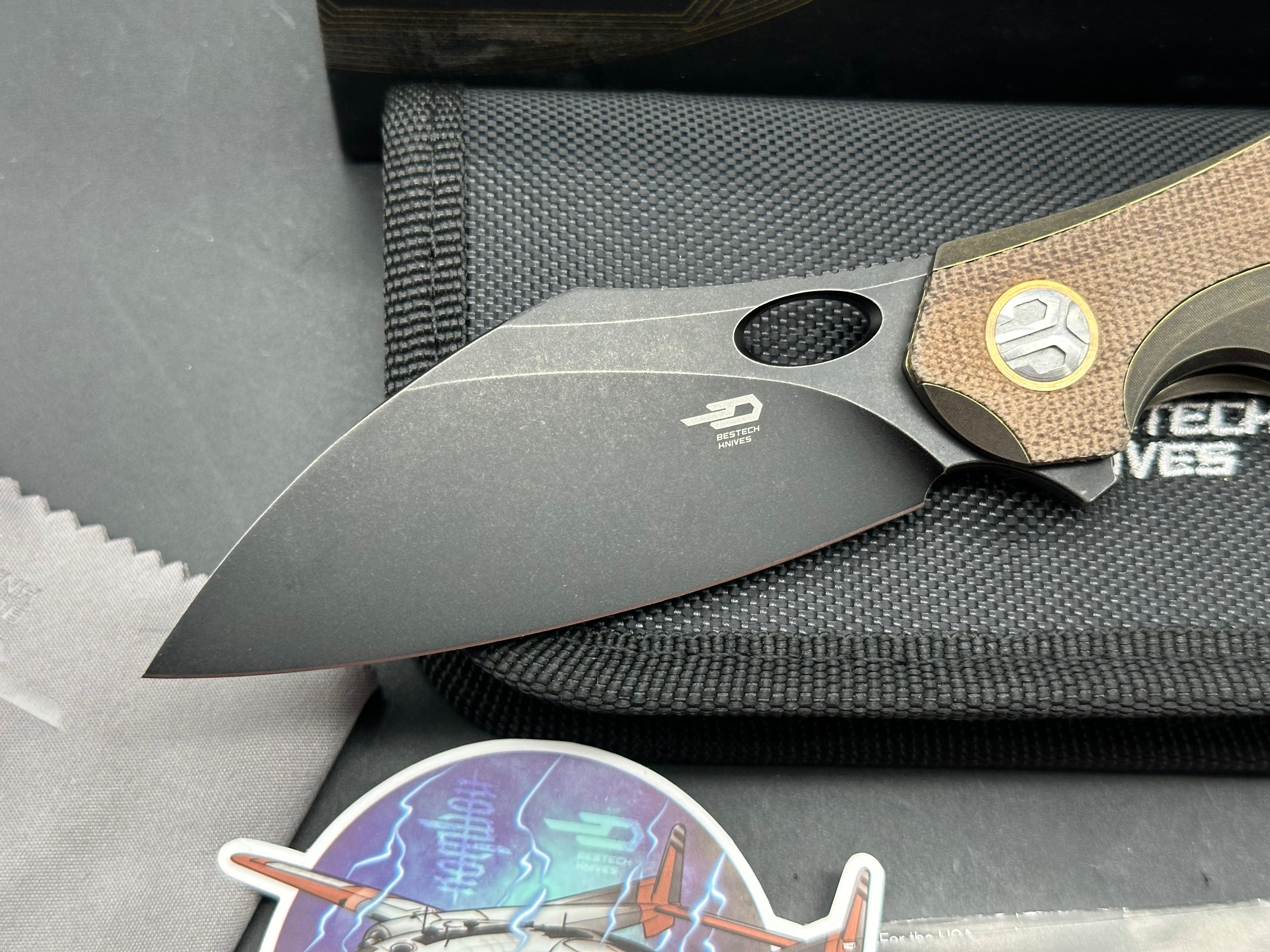 Bestech Nogard Folding Knife Bronze Stonewash Ti Canvas Micarta Handle M390 Plain Black Blade