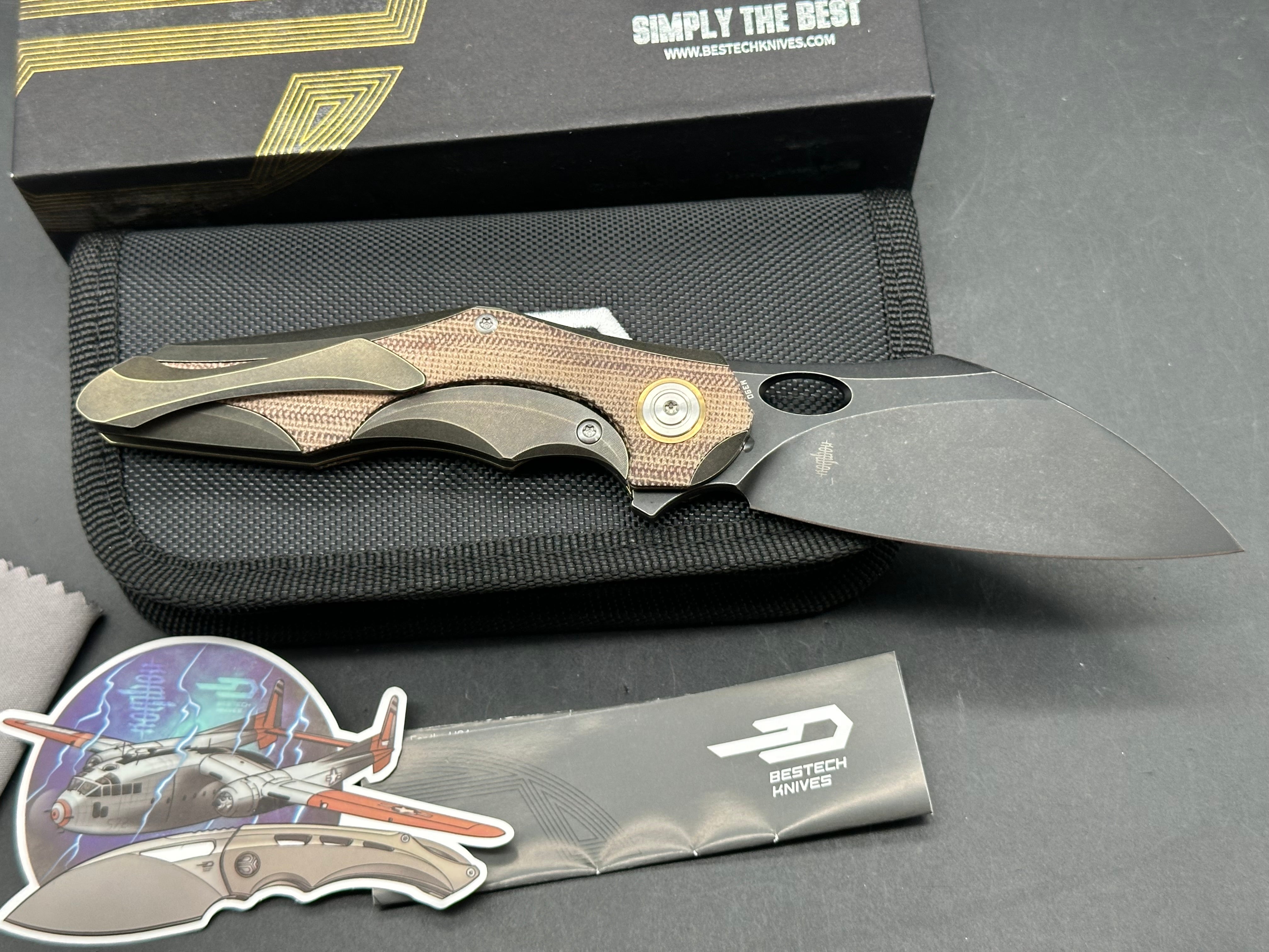 Bestech Nogard Folding Knife Bronze Stonewash Ti Canvas Micarta Handle M390 Plain Black Blade