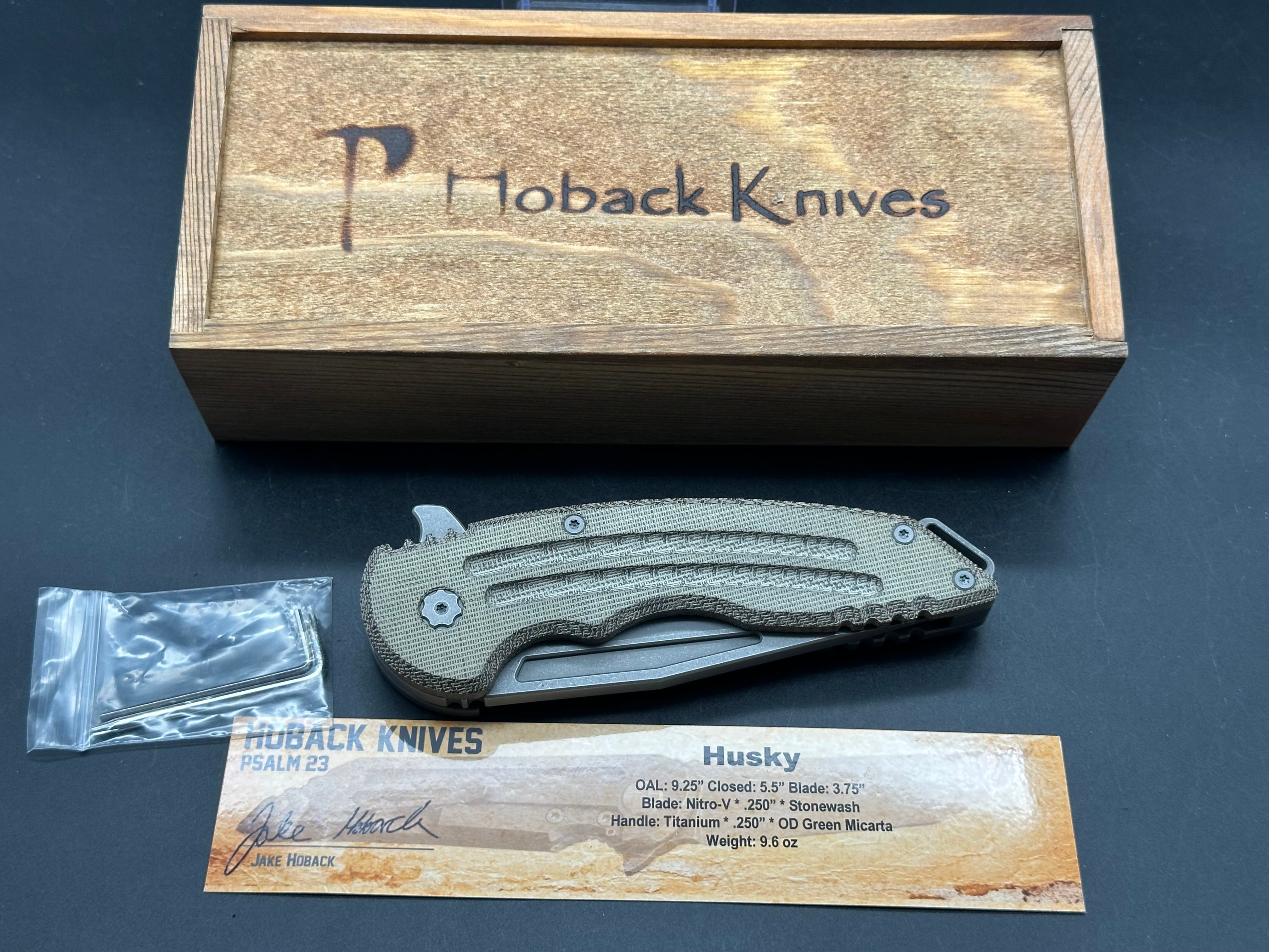 Jake Hoback Husky, Nitro V stonewash blade, titanium green micarta handle