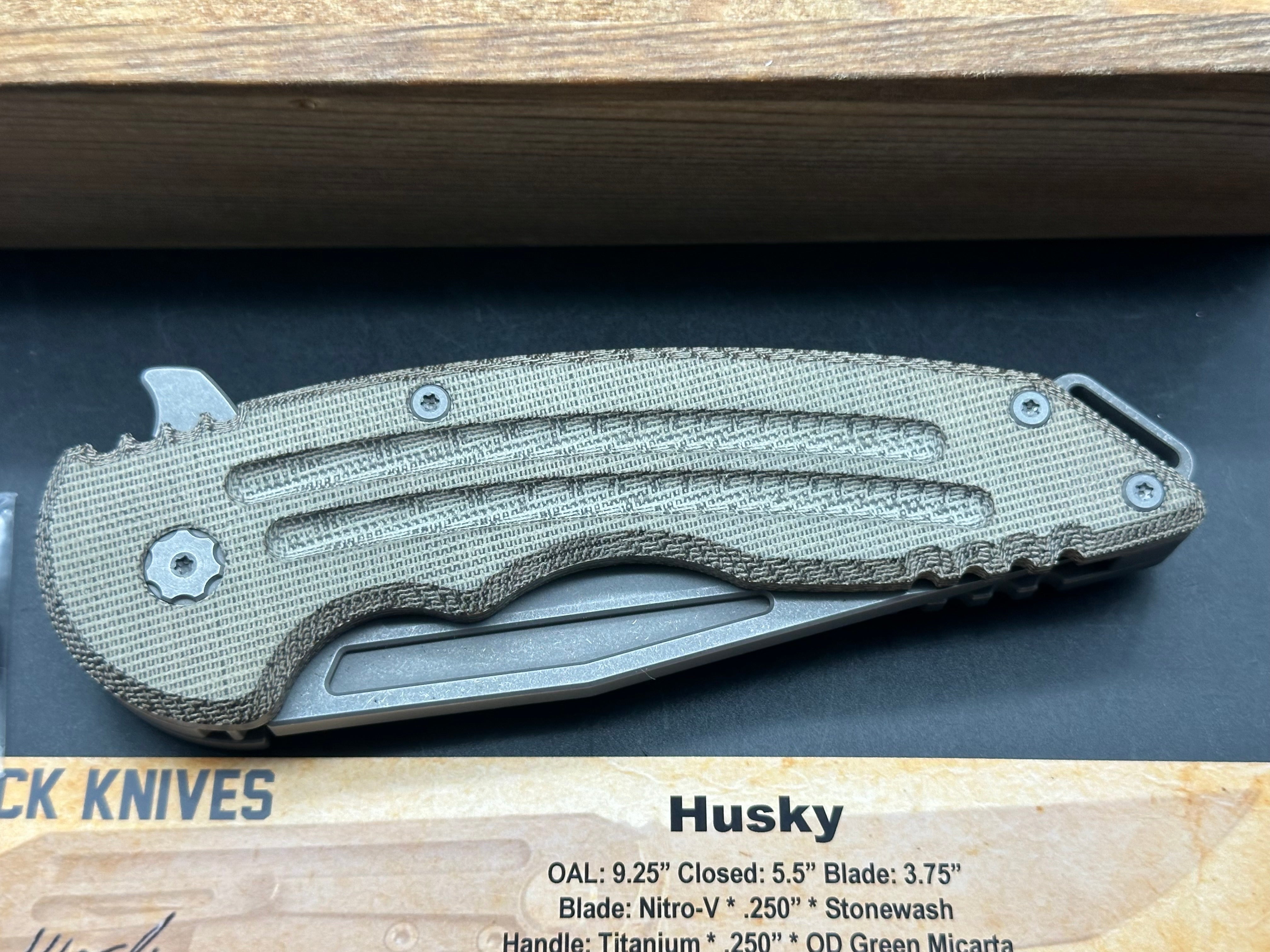 Jake Hoback Husky, Nitro V stonewash blade, titanium green micarta handle