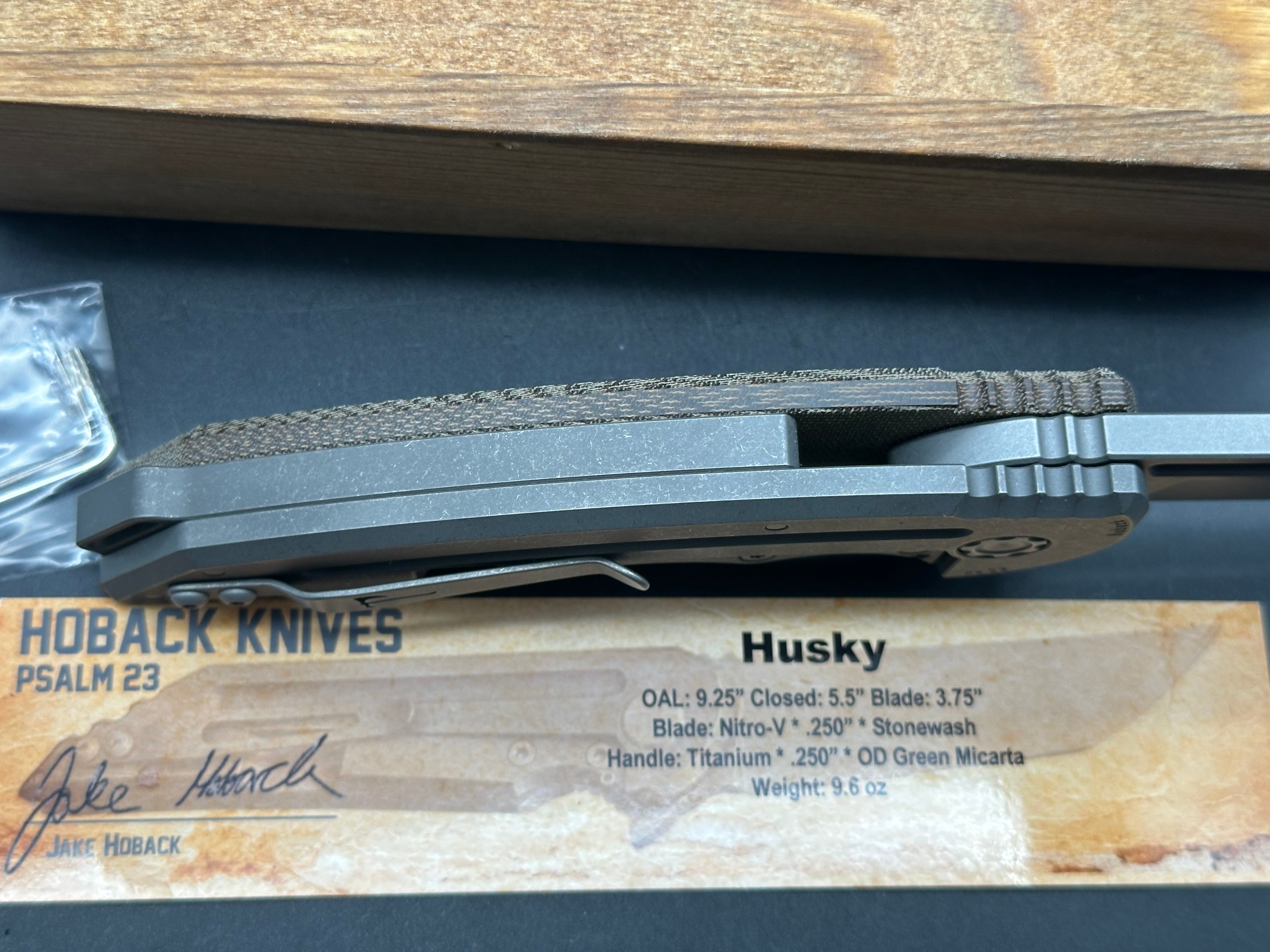 Jake Hoback Husky, Nitro V stonewash blade, titanium green micarta handle