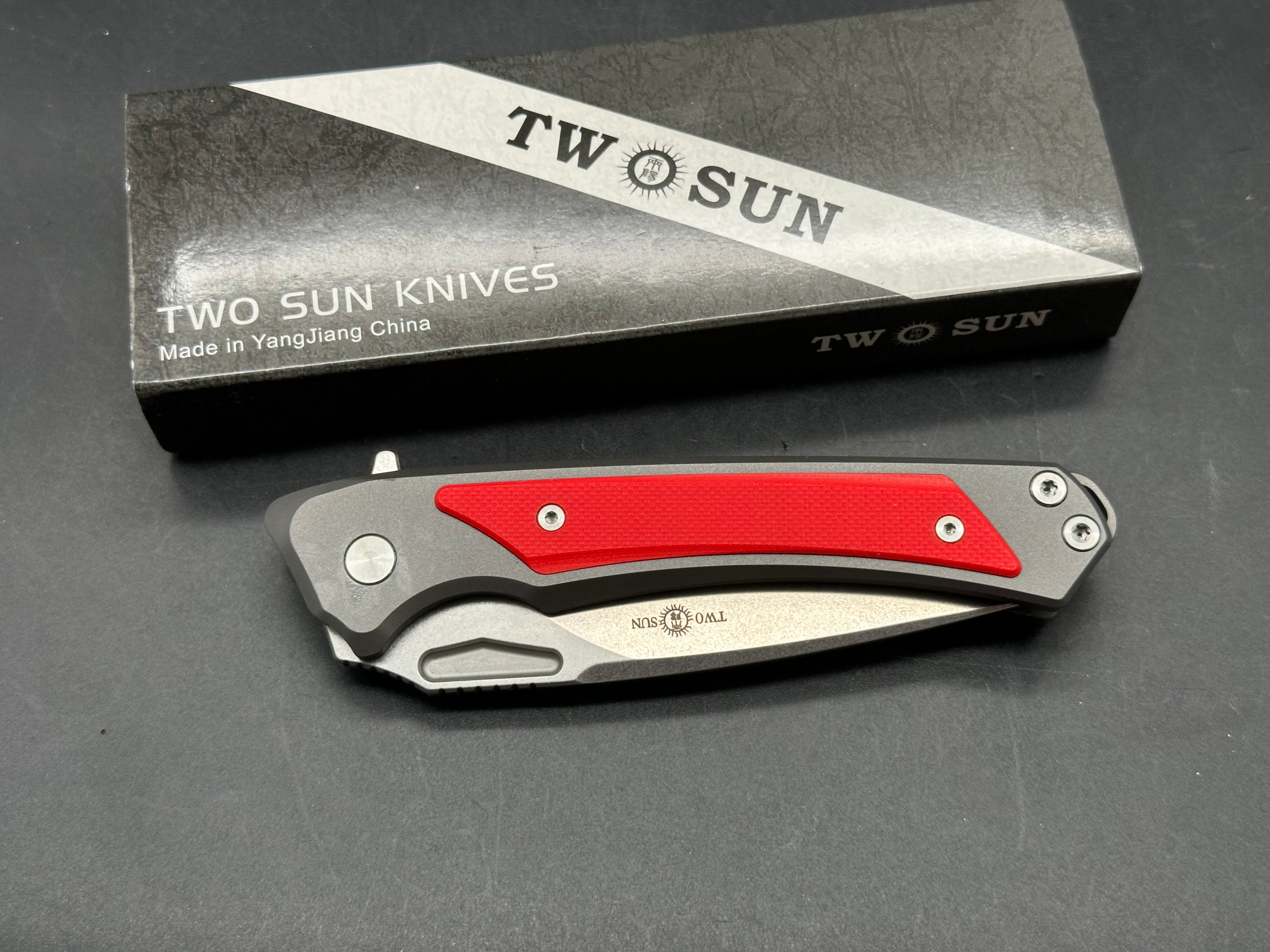 TwoSun Red/Black Titanium/G10 Handle 14C28N Plain Edge TS468