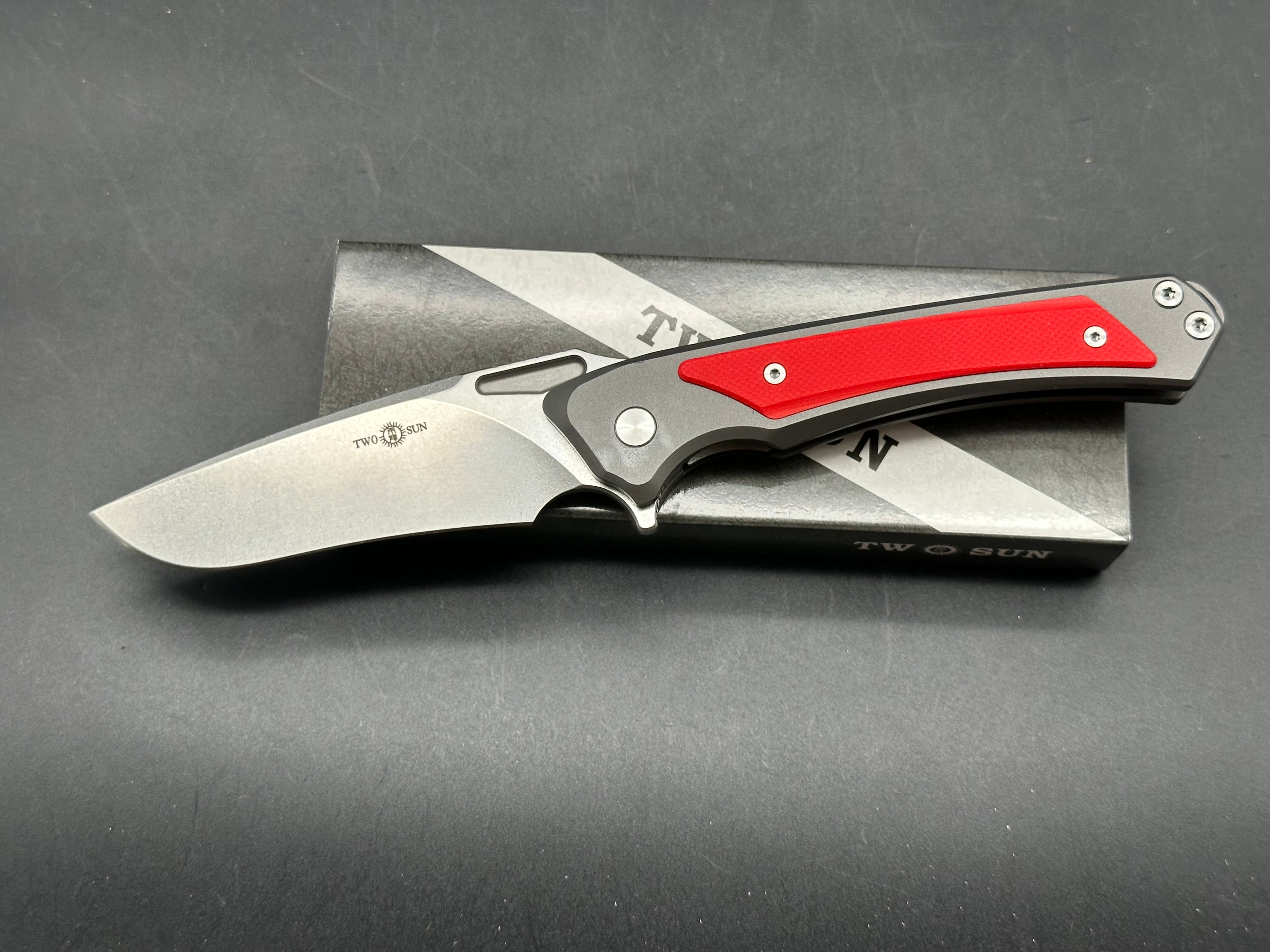 TwoSun Red/Black Titanium/G10 Handle 14C28N Plain Edge TS468
