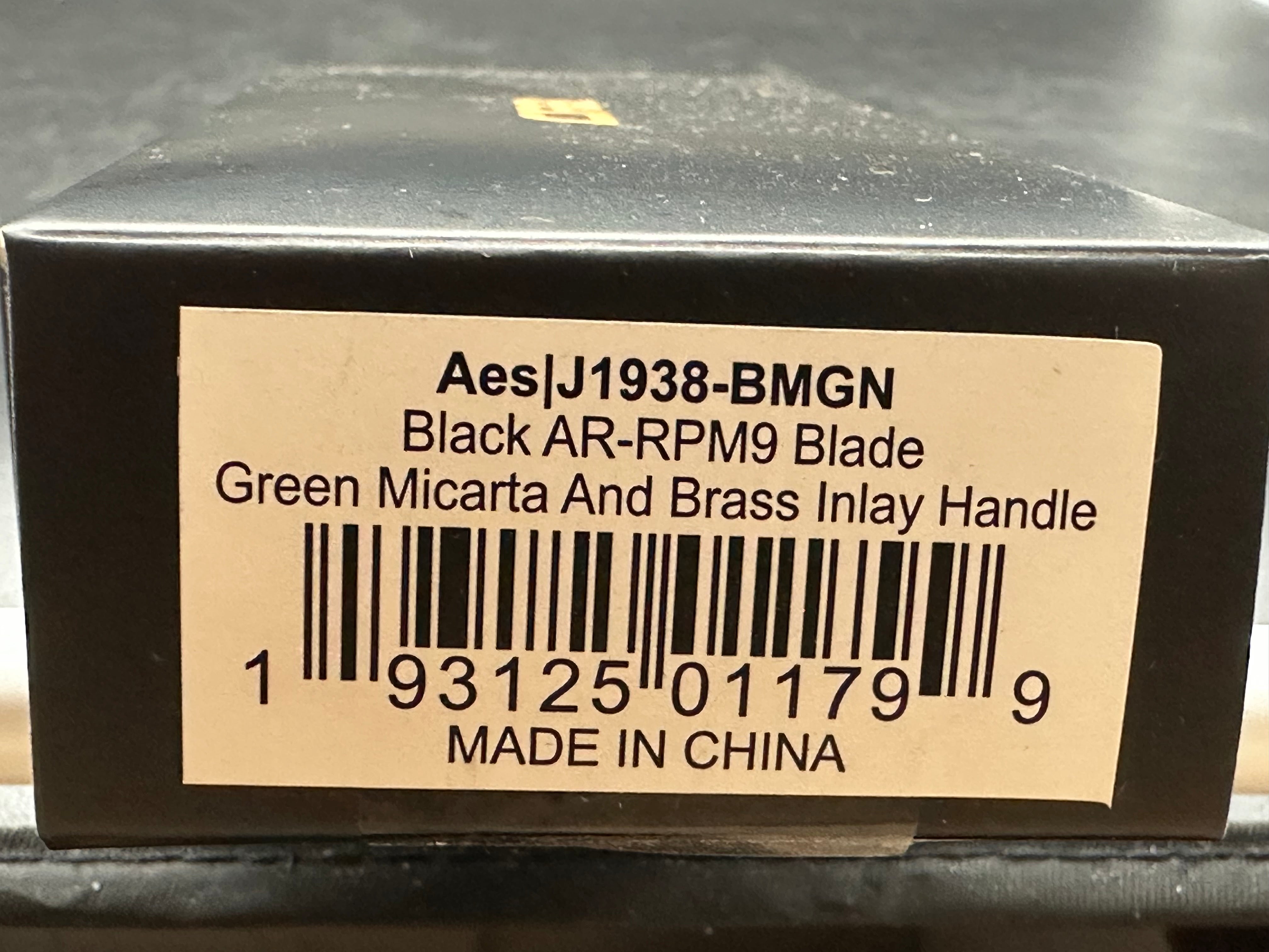 CJRB AES Folding Knife green micarta/Brass Handle AR-RPM9 Drop Point Plain Edge Sand Polish Finish