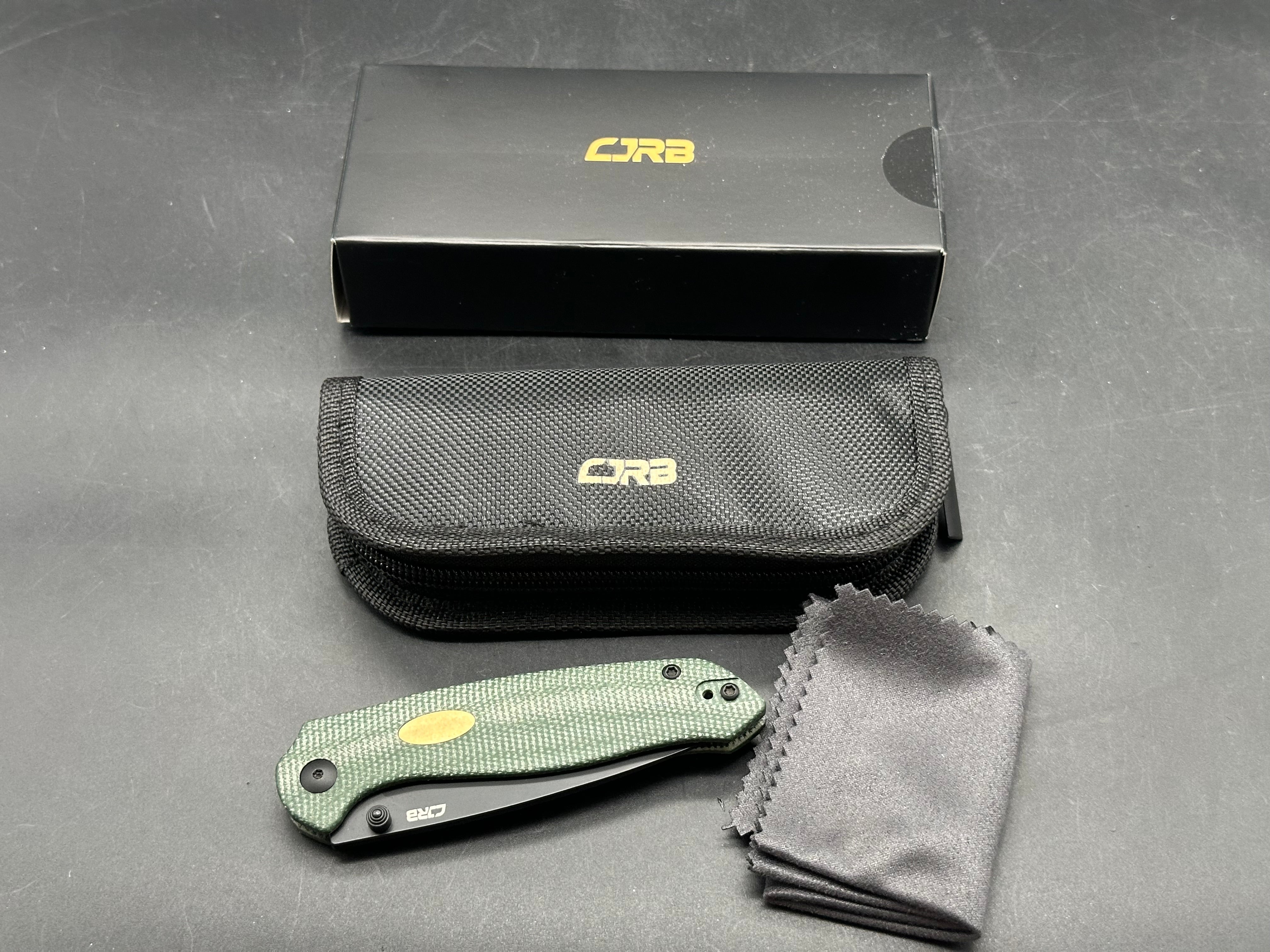 CJRB AES Folding Knife green micarta/Brass Handle AR-RPM9 Drop Point Plain Edge Sand Polish Finish