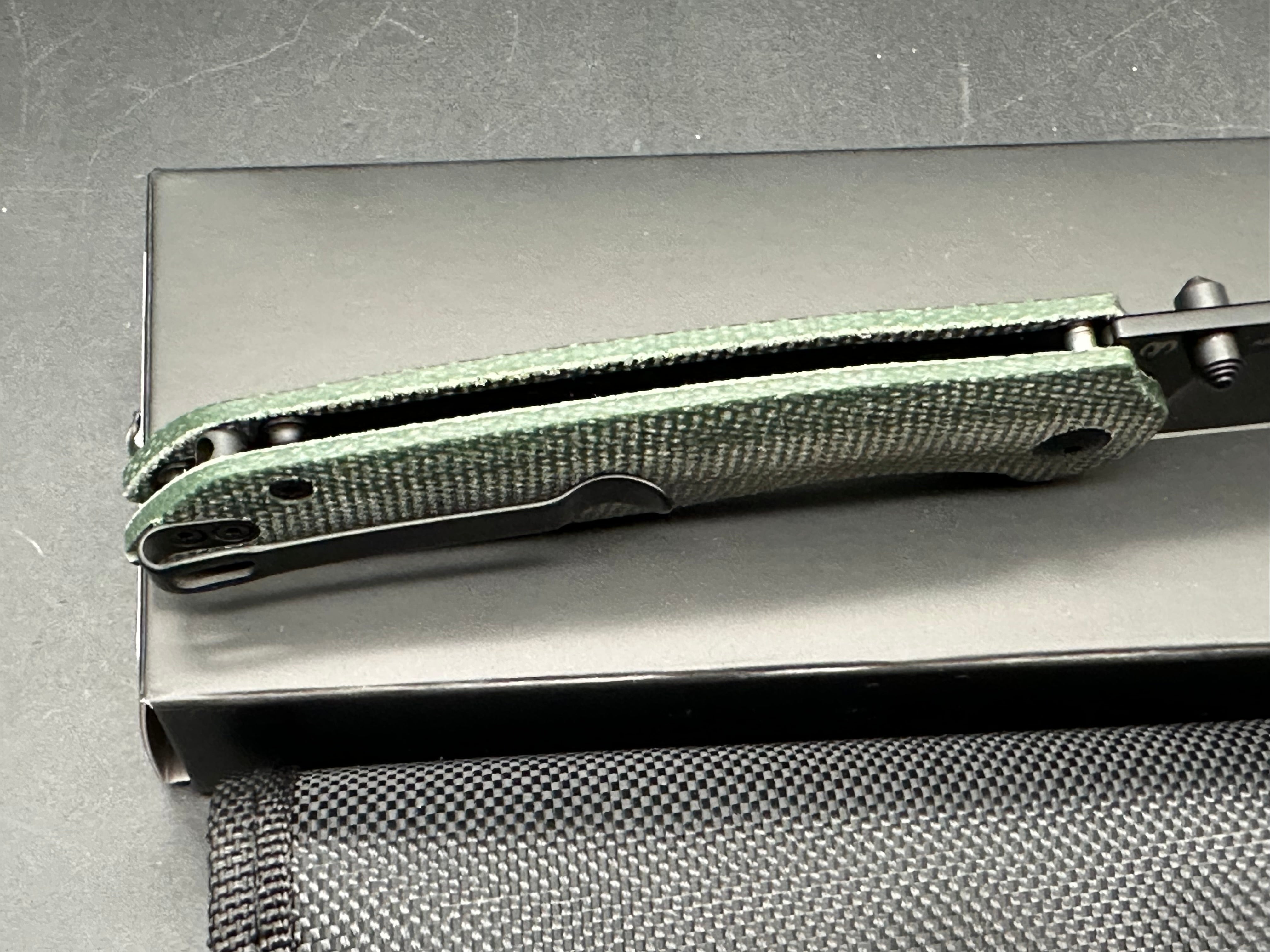 CJRB AES Folding Knife green micarta/Brass Handle AR-RPM9 Drop Point Plain Edge Sand Polish Finish