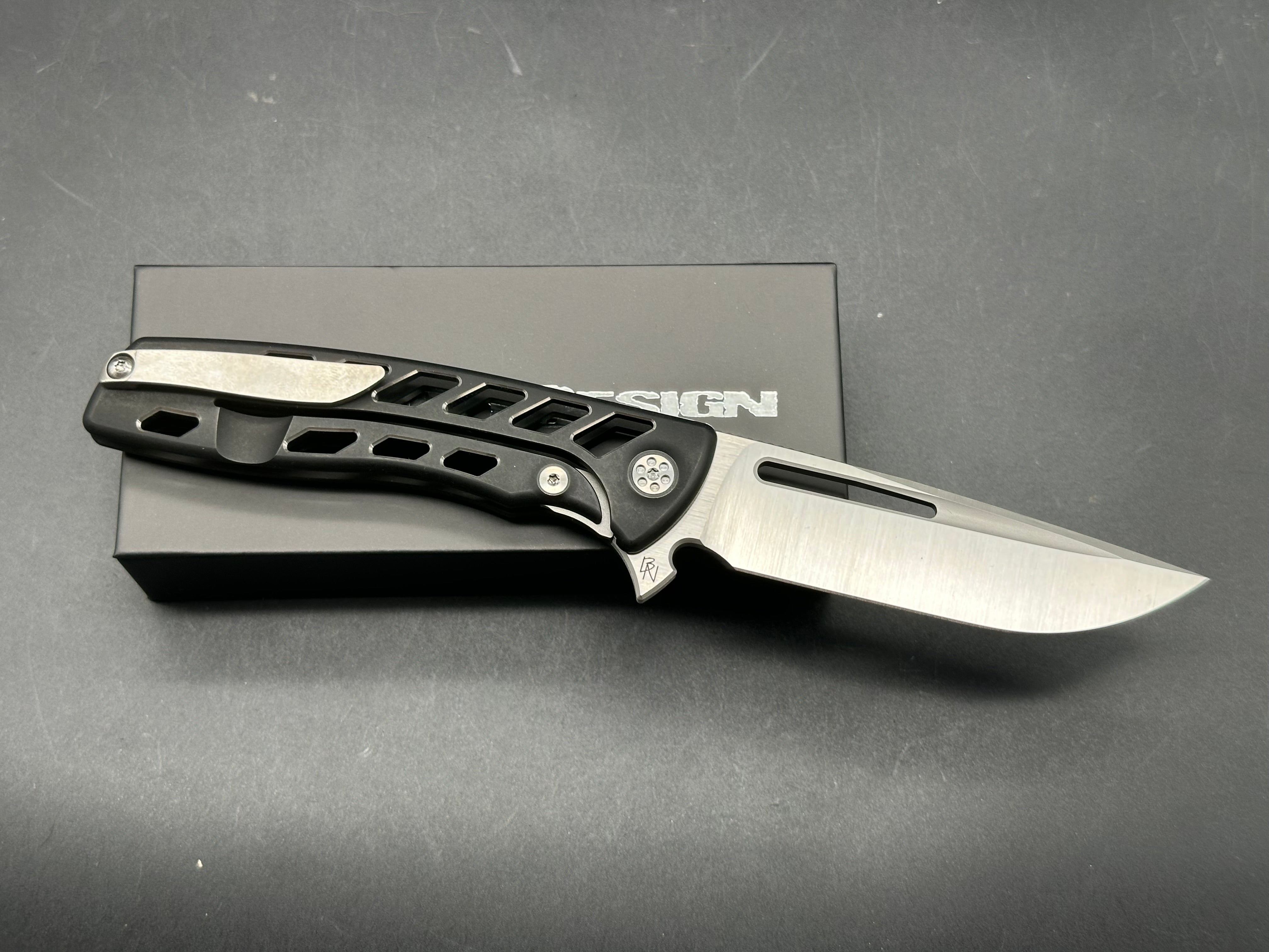 Sharp by Design Evo Typhoon Drop Point Aspirated, Belt Satin M390 Blade, Black PVD Aspirated Ti Handles
