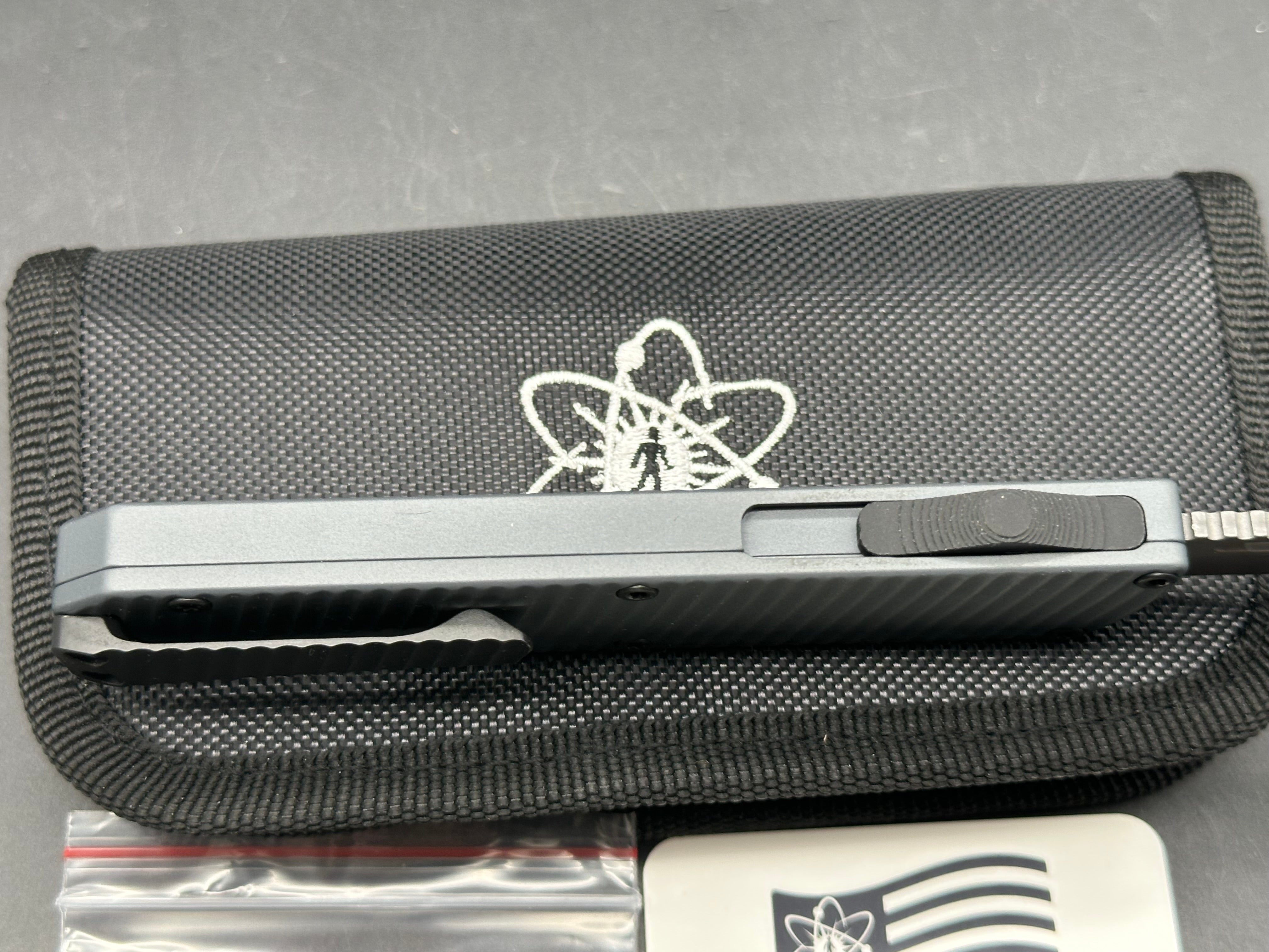 EMP EDC USA Made Pulse OTF Tanto, Grey Battle Worn CPM-Magnacut Blade, Dark Grey Anodized Aluminum Handles, Black Ti Clip, Black Hardware