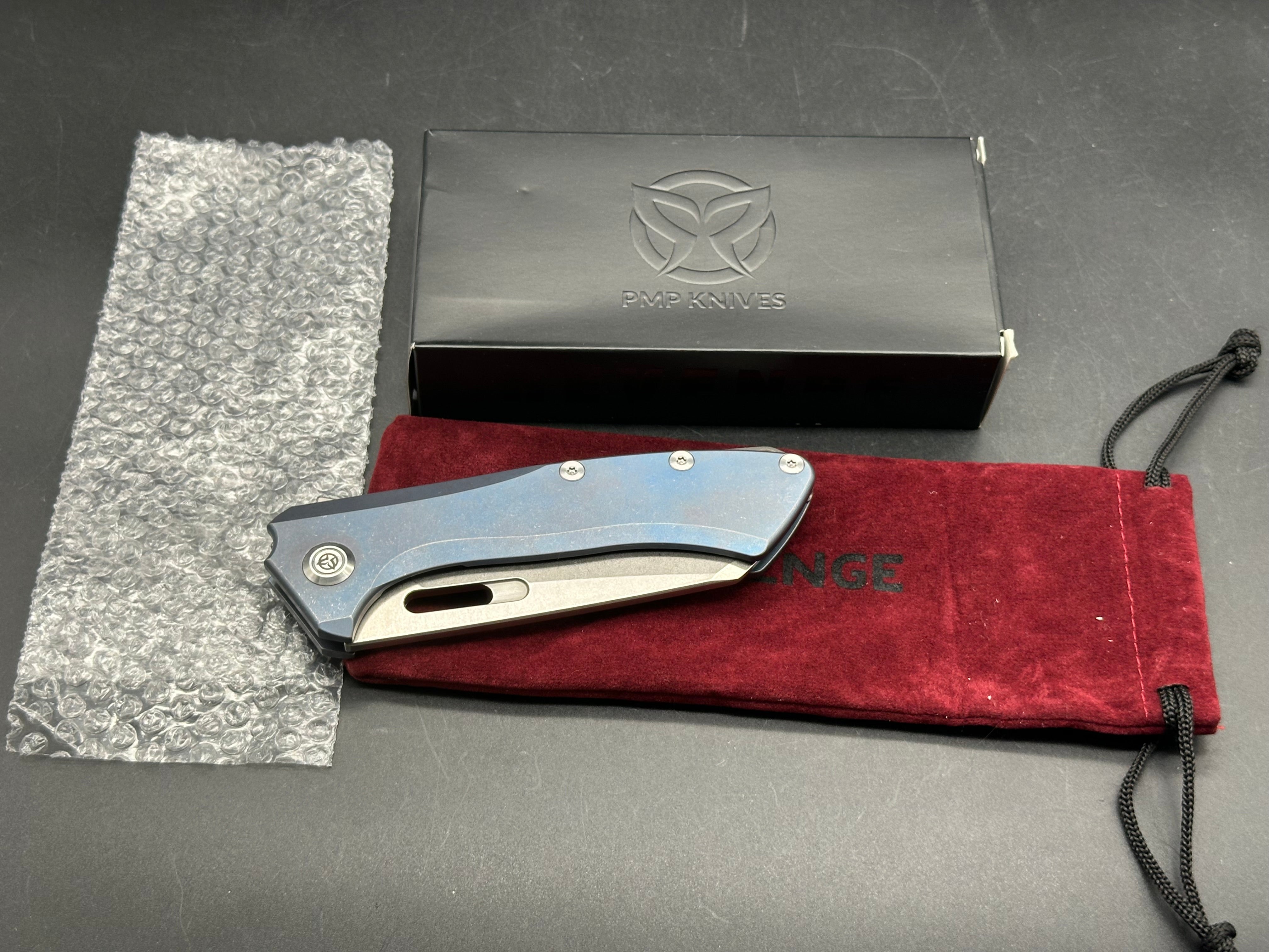 PMP Revenge #272/350, Stonewashed M390 Blade, Blue Anodized Ti Handles, Bead Blasted Backspacer and Pocket Clip
