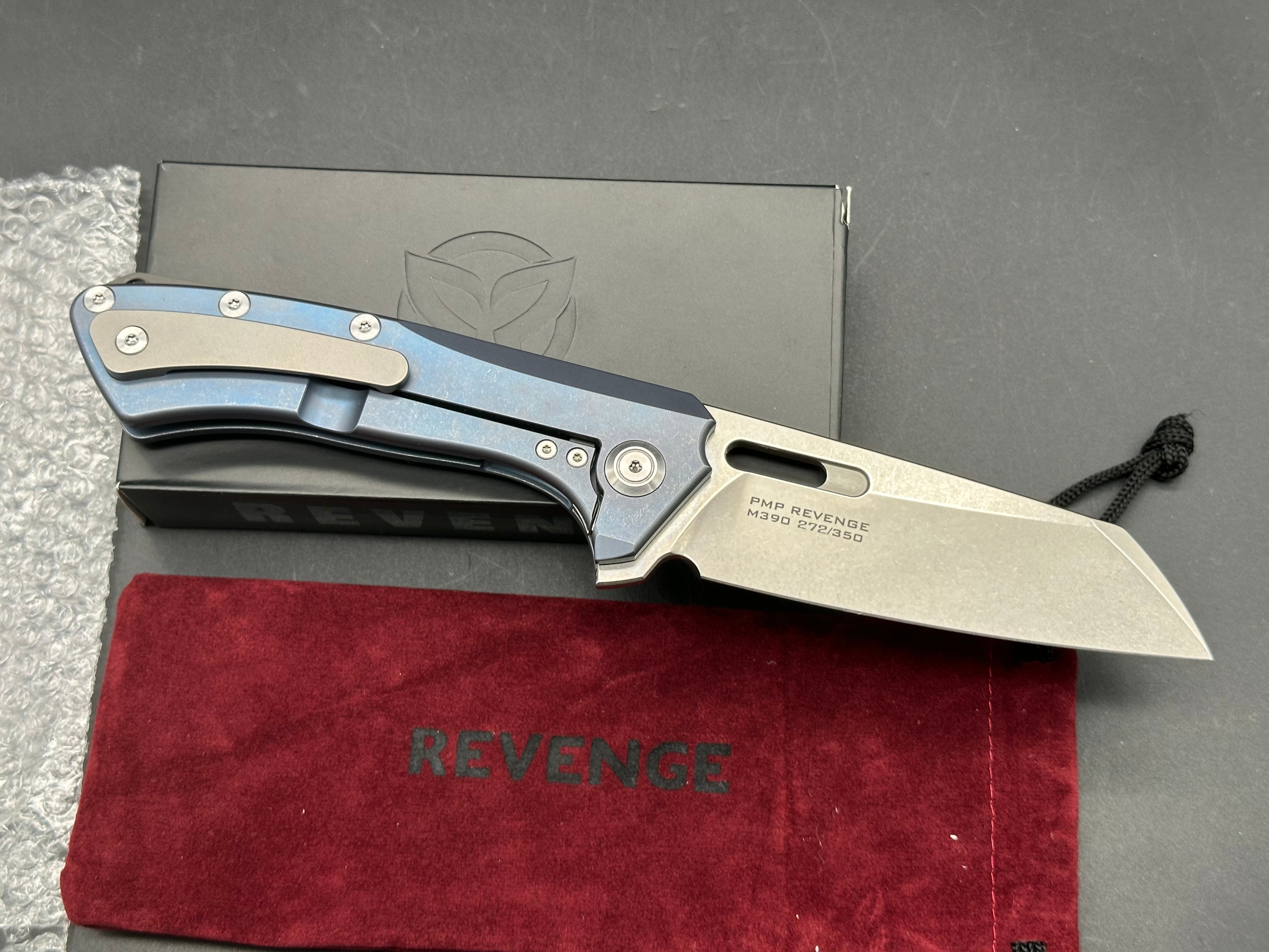 PMP Revenge #272/350, Stonewashed M390 Blade, Blue Anodized Ti Handles, Bead Blasted Backspacer and Pocket Clip