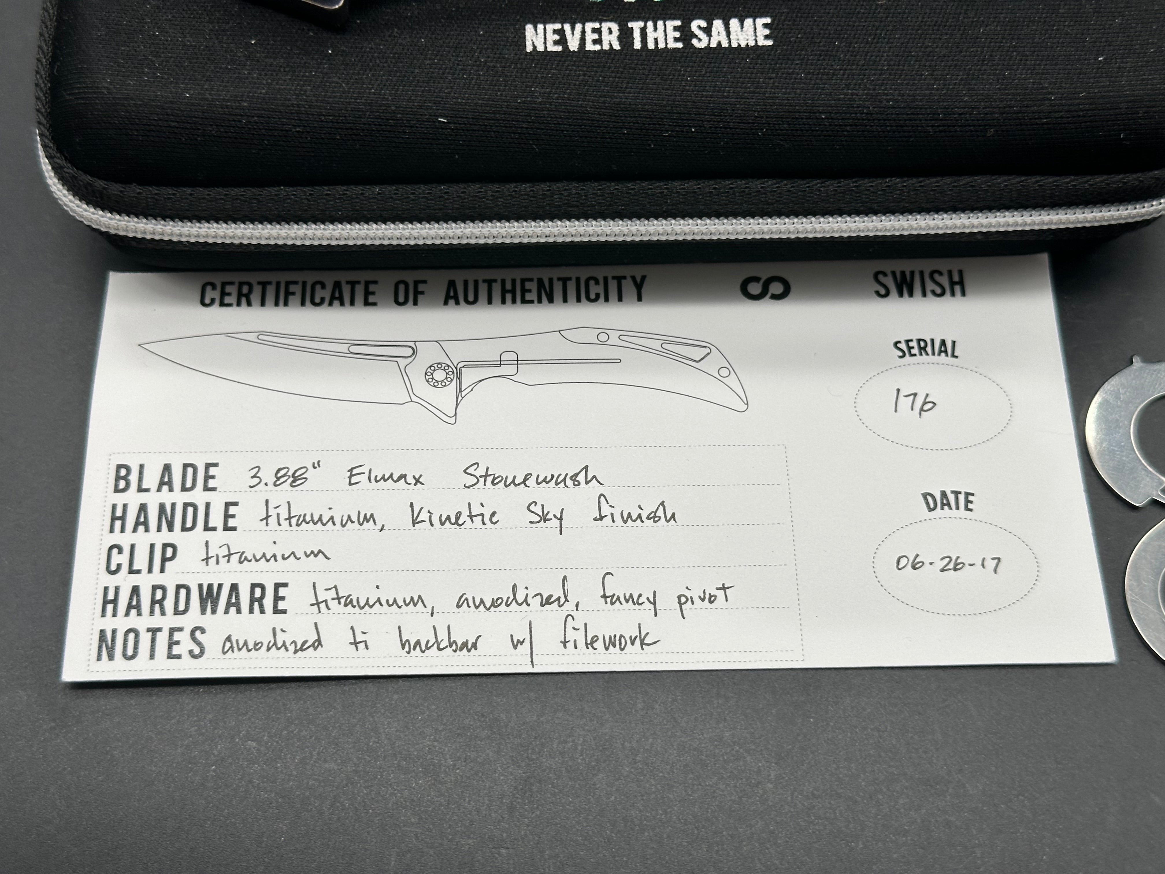 Olamic Swish, Elmax stonewash blade, kinetic sky finish titanium handle