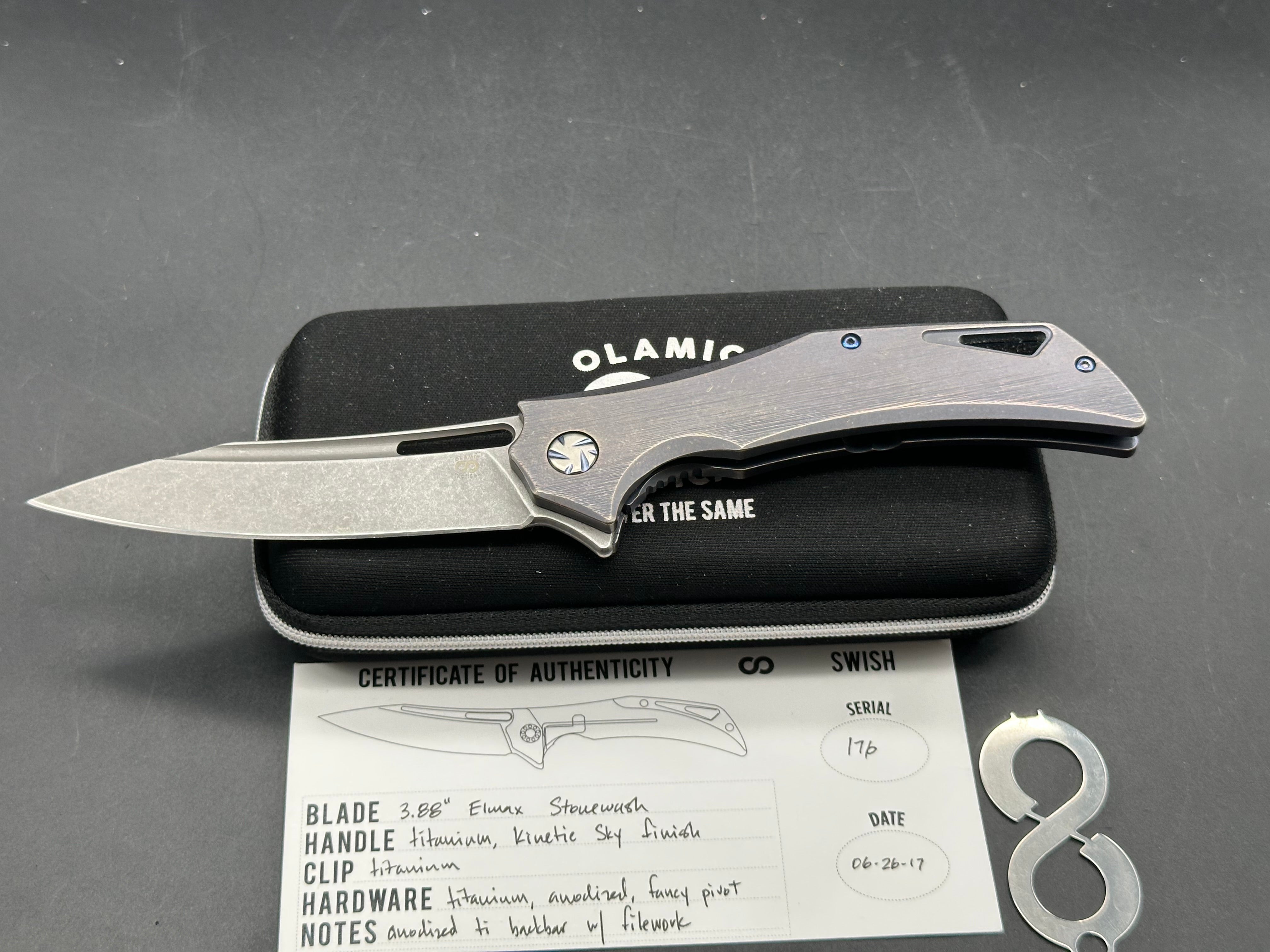 Olamic Swish, Elmax stonewash blade, kinetic sky finish titanium handle