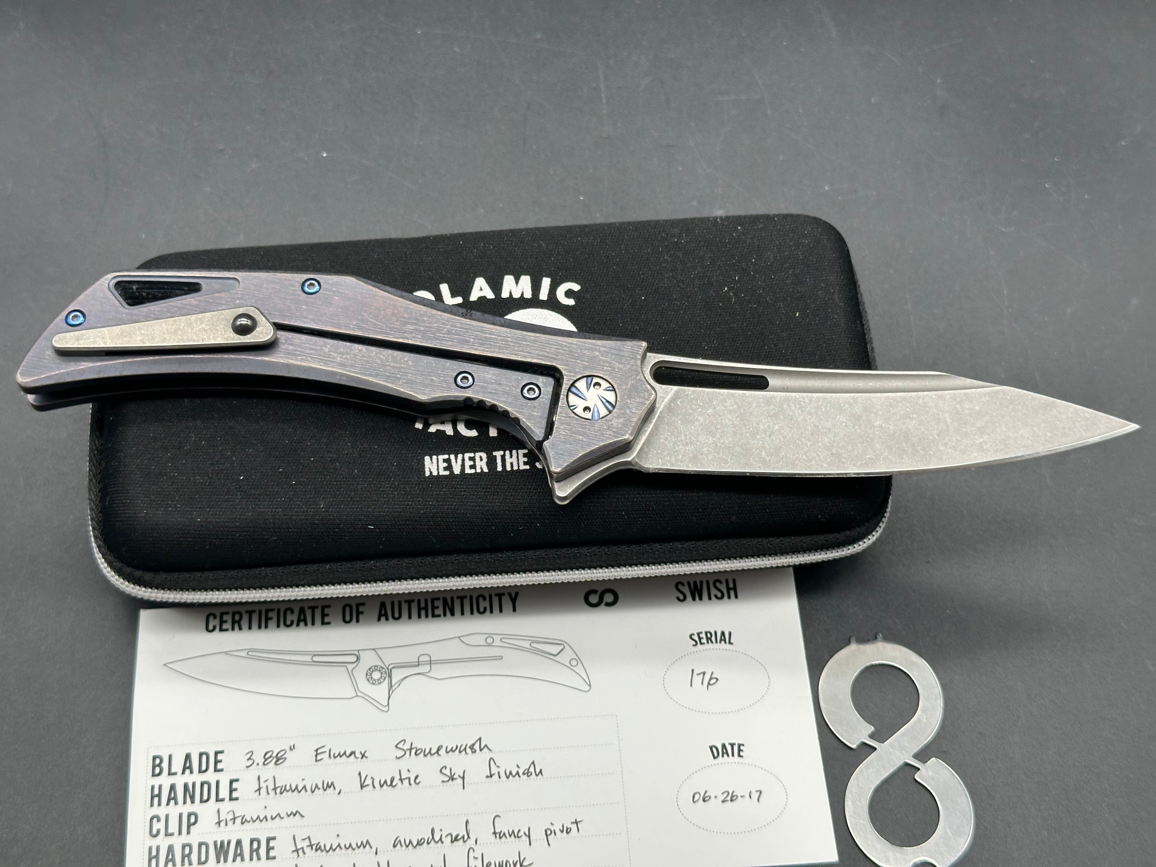 Olamic Swish, Elmax stonewash blade, kinetic sky finish titanium handle