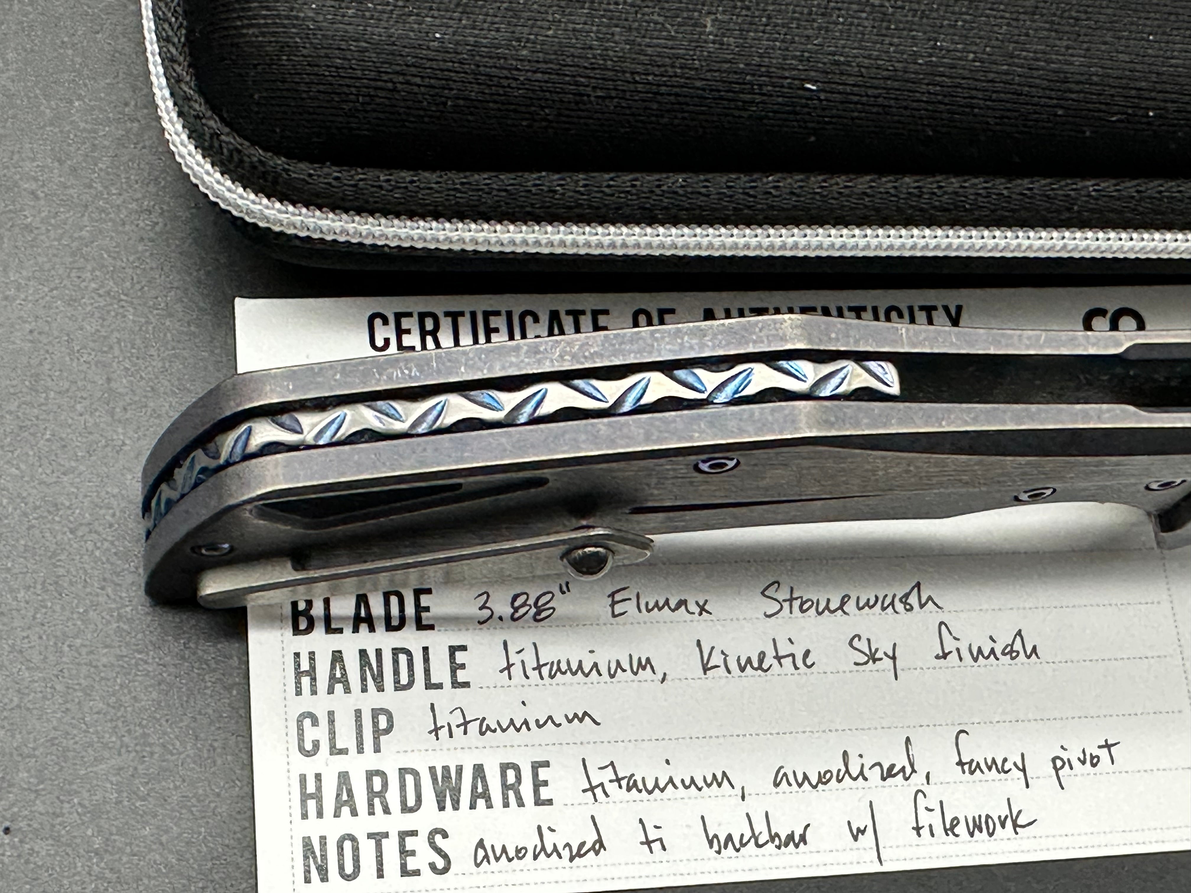 Olamic Swish, Elmax stonewash blade, kinetic sky finish titanium handle