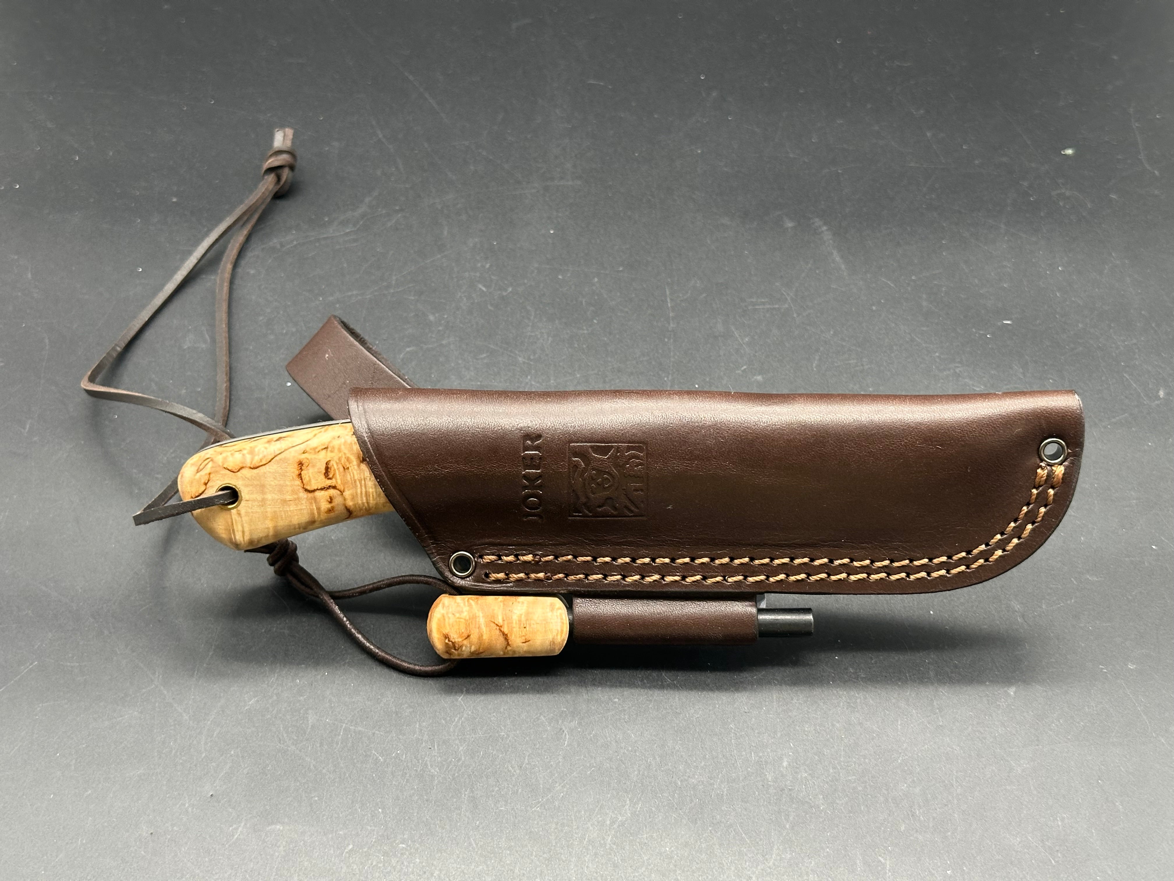 Joker Nessmuk fixed blade knife Curly Birch handle