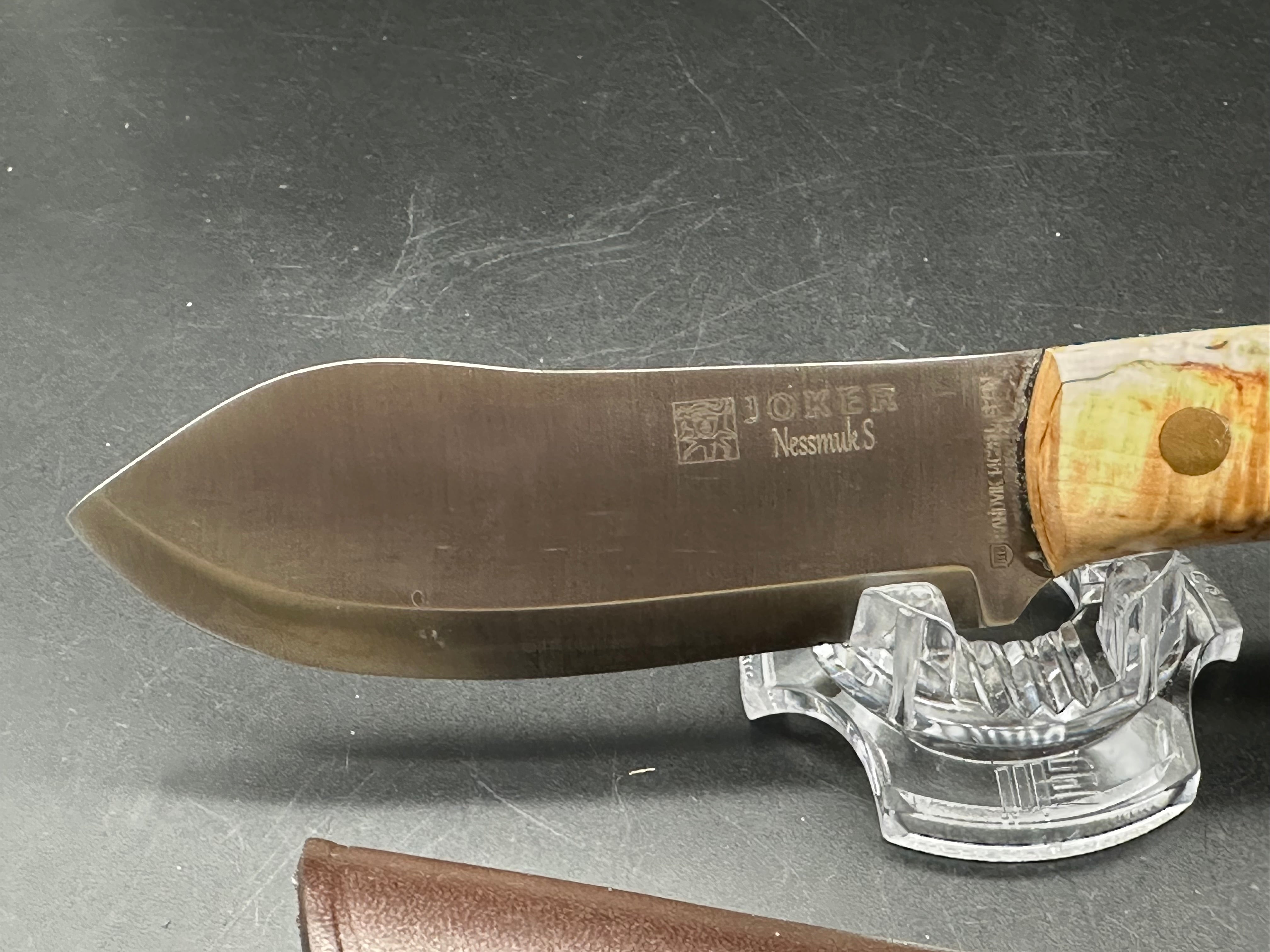 Joker Nessmuk fixed blade knife Curly Birch handle