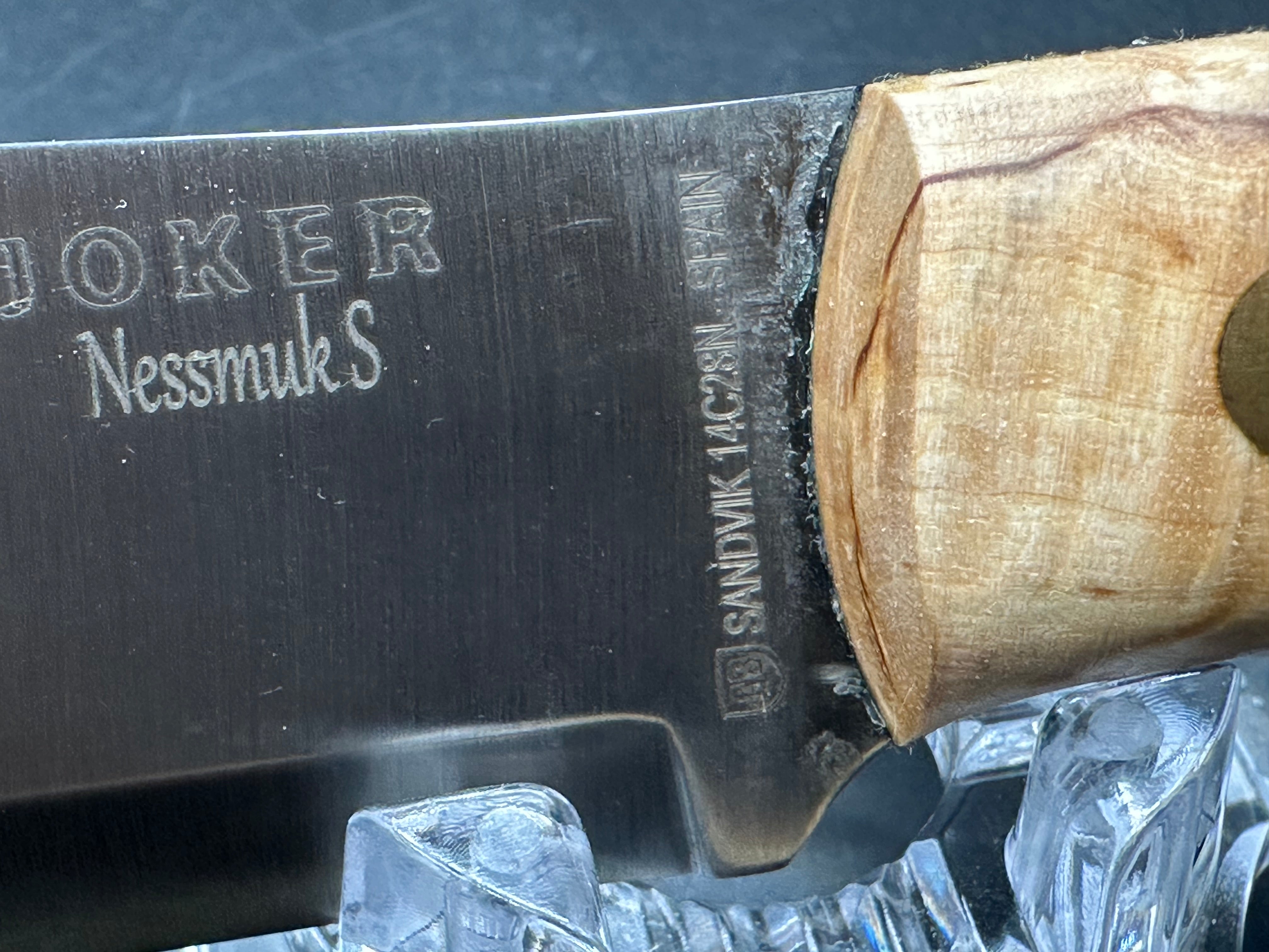 Joker Nessmuk fixed blade knife Curly Birch handle