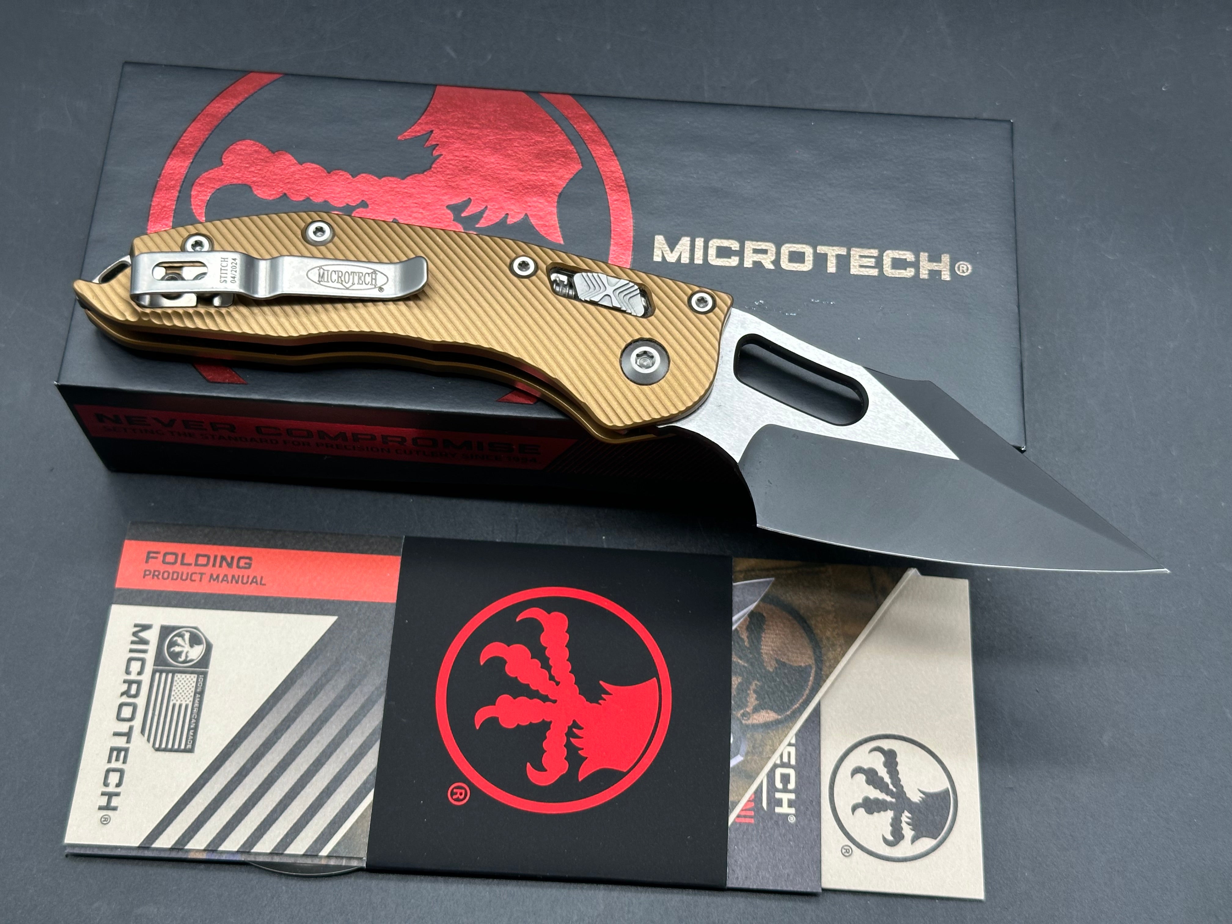 Microtech Borka Stitch Ram-Lock Gold Aluminum handles
