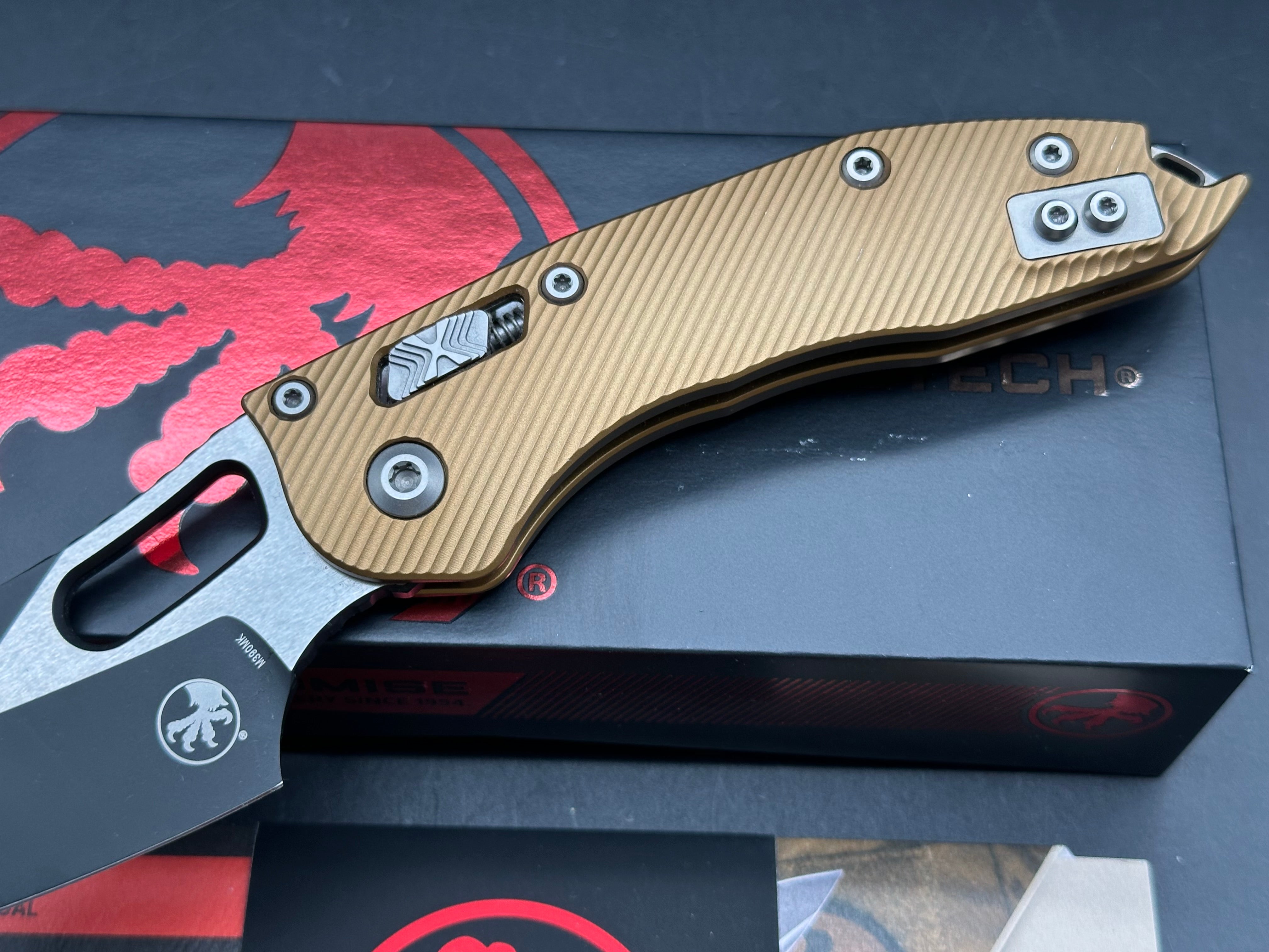 Microtech Borka Stitch Ram-Lock Gold Aluminum handles
