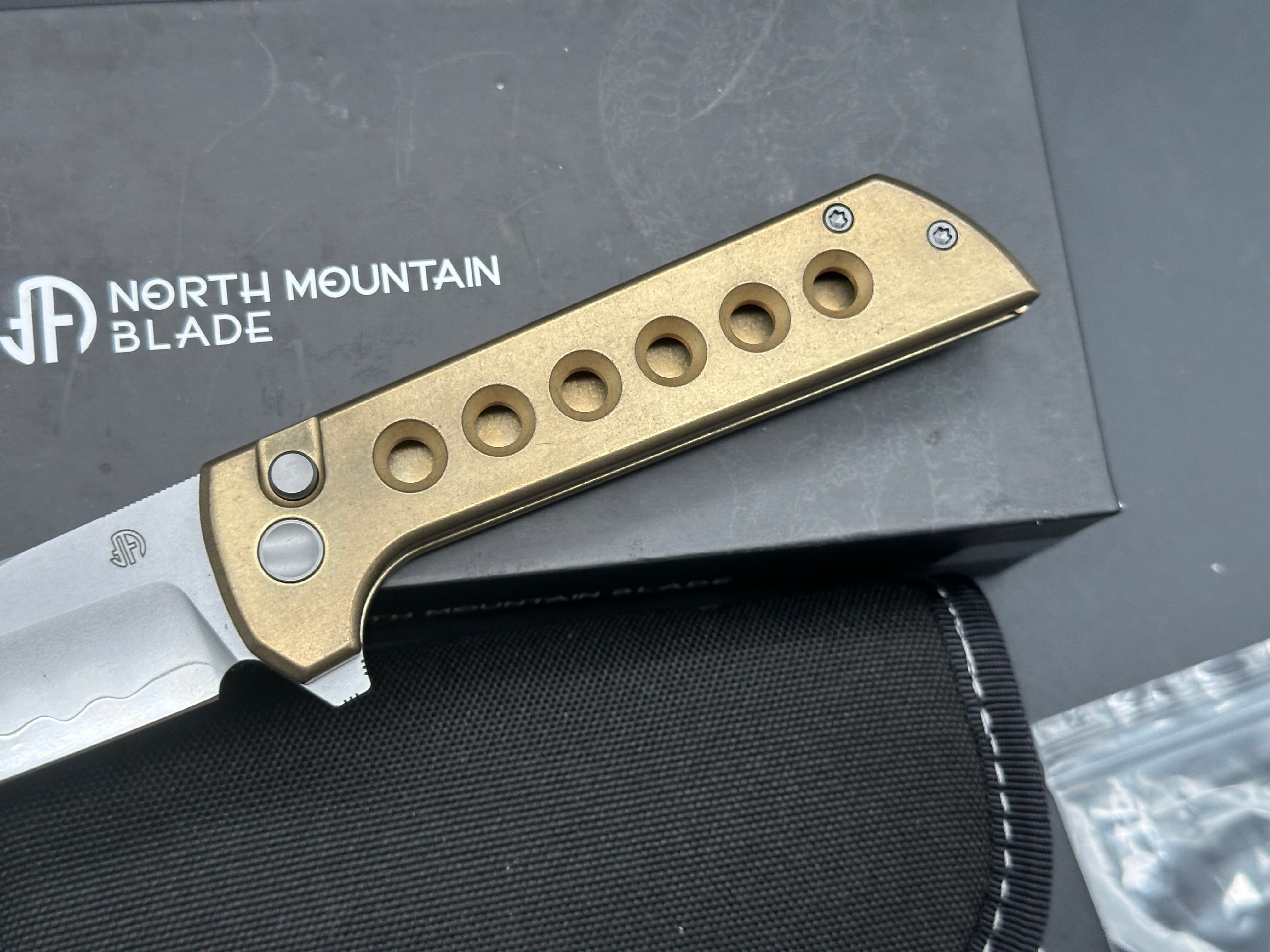 North Mountain Blade Chop 2 Button Lock Flipper Knife 3.5" SLD Hamon Drop Point Blade, Aluminum Bronze Handles with Speed Holes