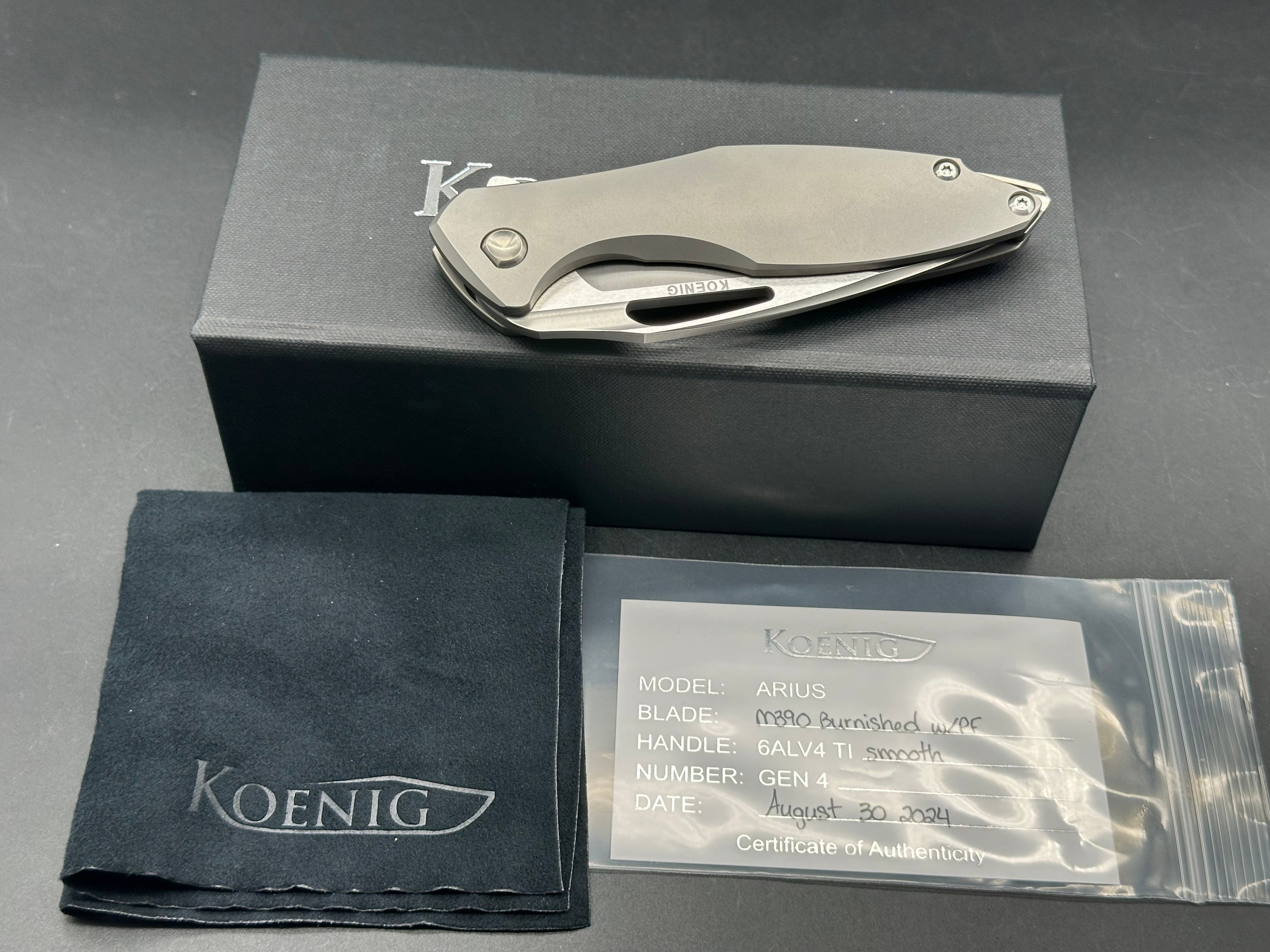 Koenig Arius, M390 Blade - Burnished with Polished Flats, Smooth Ti Handles