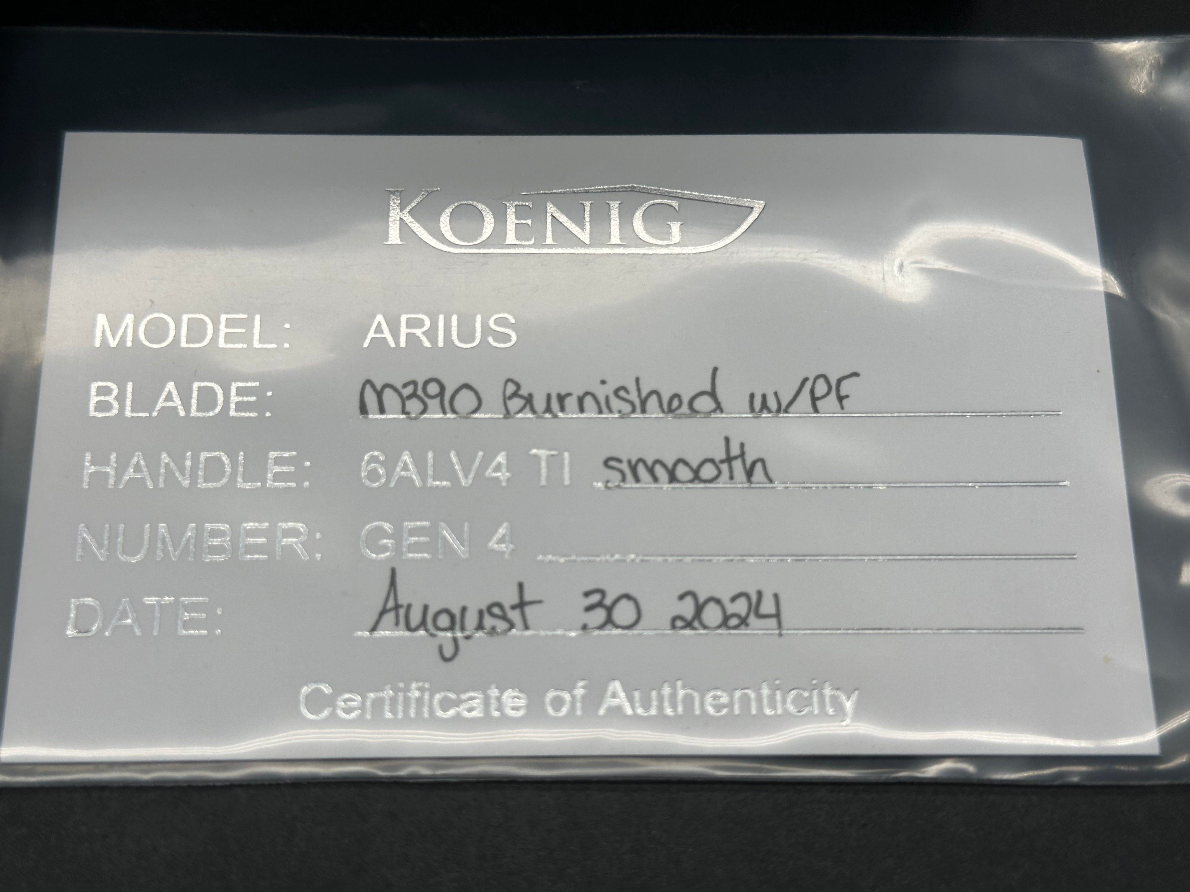 Koenig Arius, M390 Blade - Burnished with Polished Flats, Smooth Ti Handles