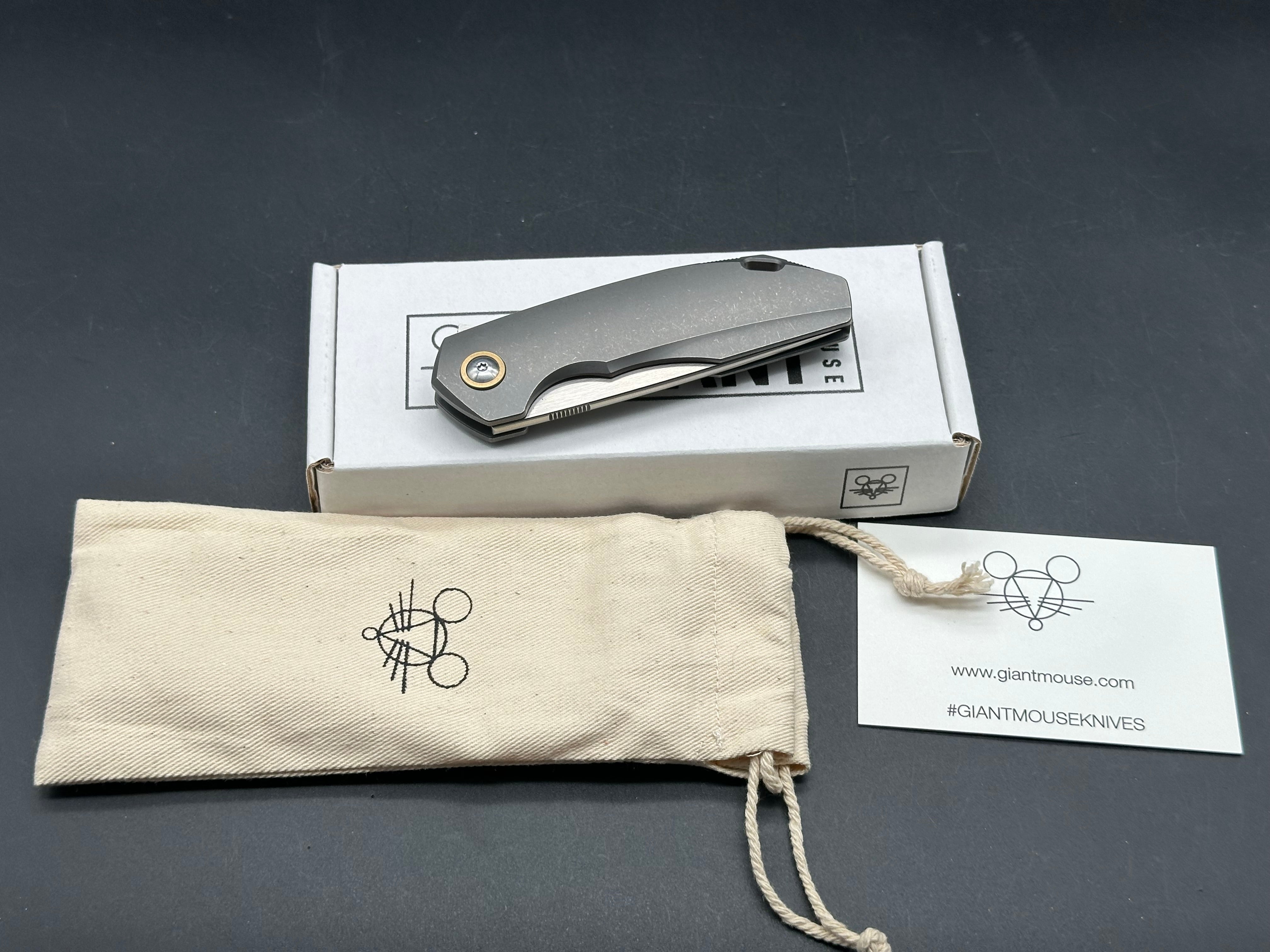 GiantMouse GM6 #047, Belt Satin M390 Blade, Stonewashed Ti Handles and Pocket Clip