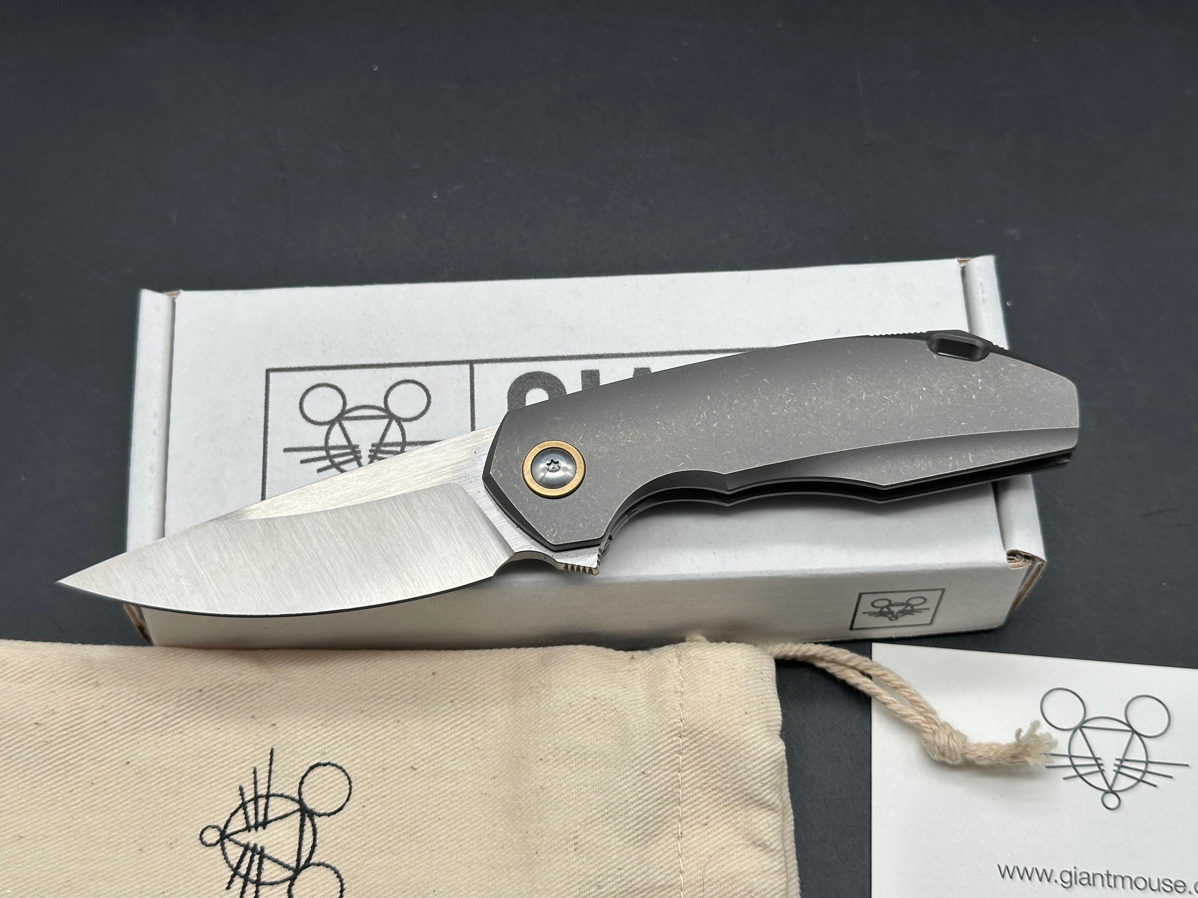 GiantMouse GM6 #047, Belt Satin M390 Blade, Stonewashed Ti Handles and Pocket Clip