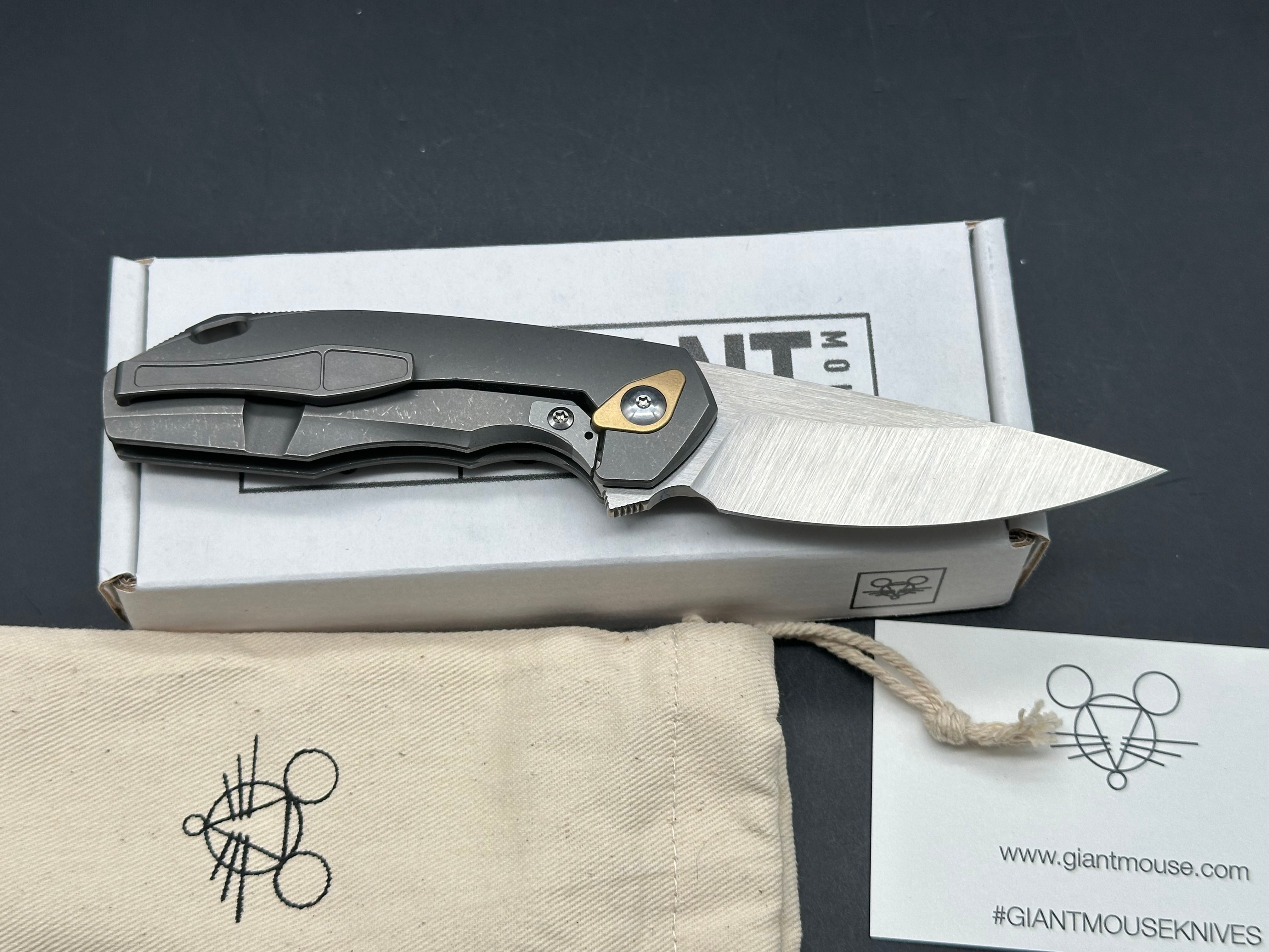 GiantMouse GM6 #047, Belt Satin M390 Blade, Stonewashed Ti Handles and Pocket Clip