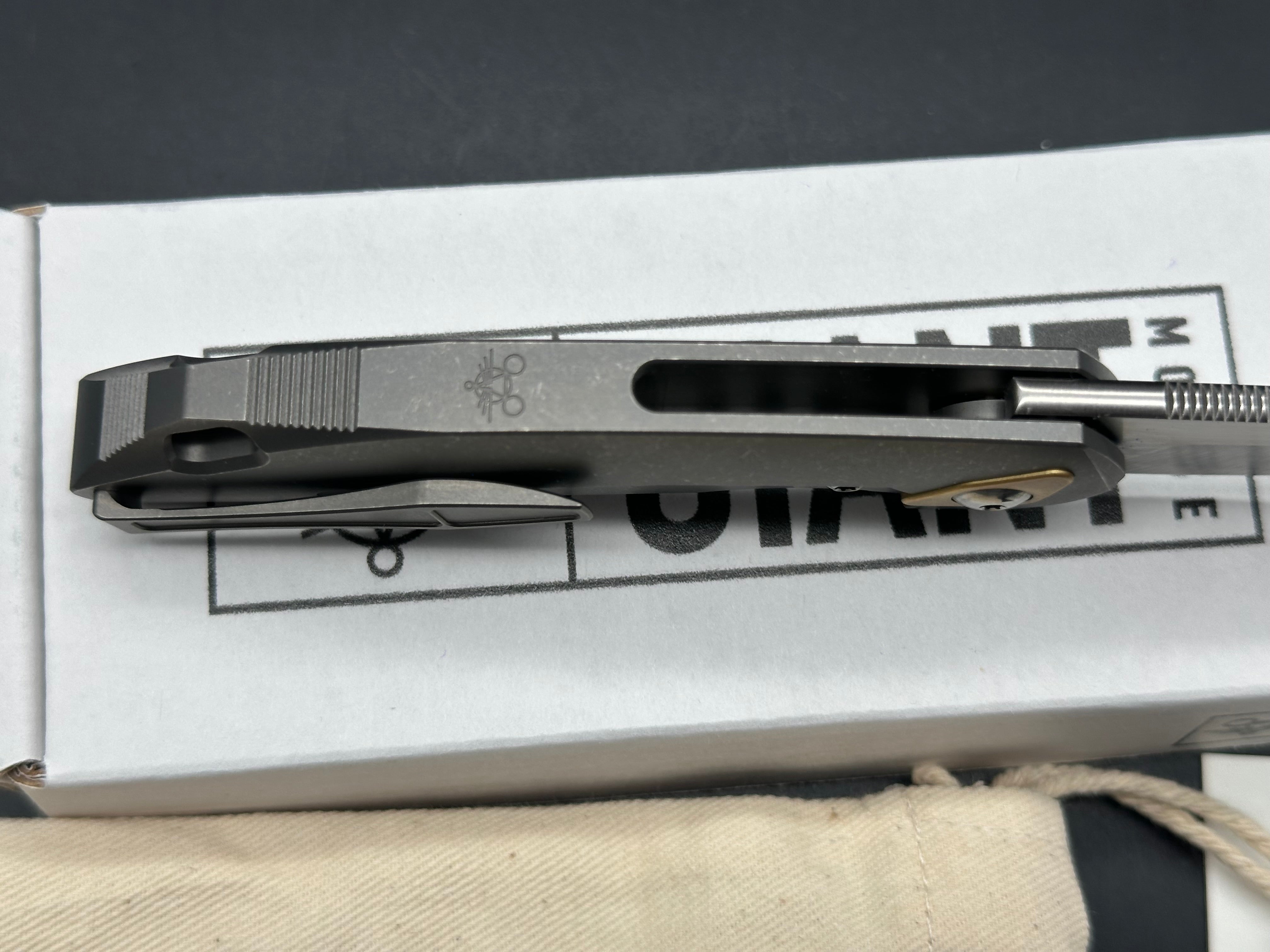 GiantMouse GM6 #047, Belt Satin M390 Blade, Stonewashed Ti Handles and Pocket Clip