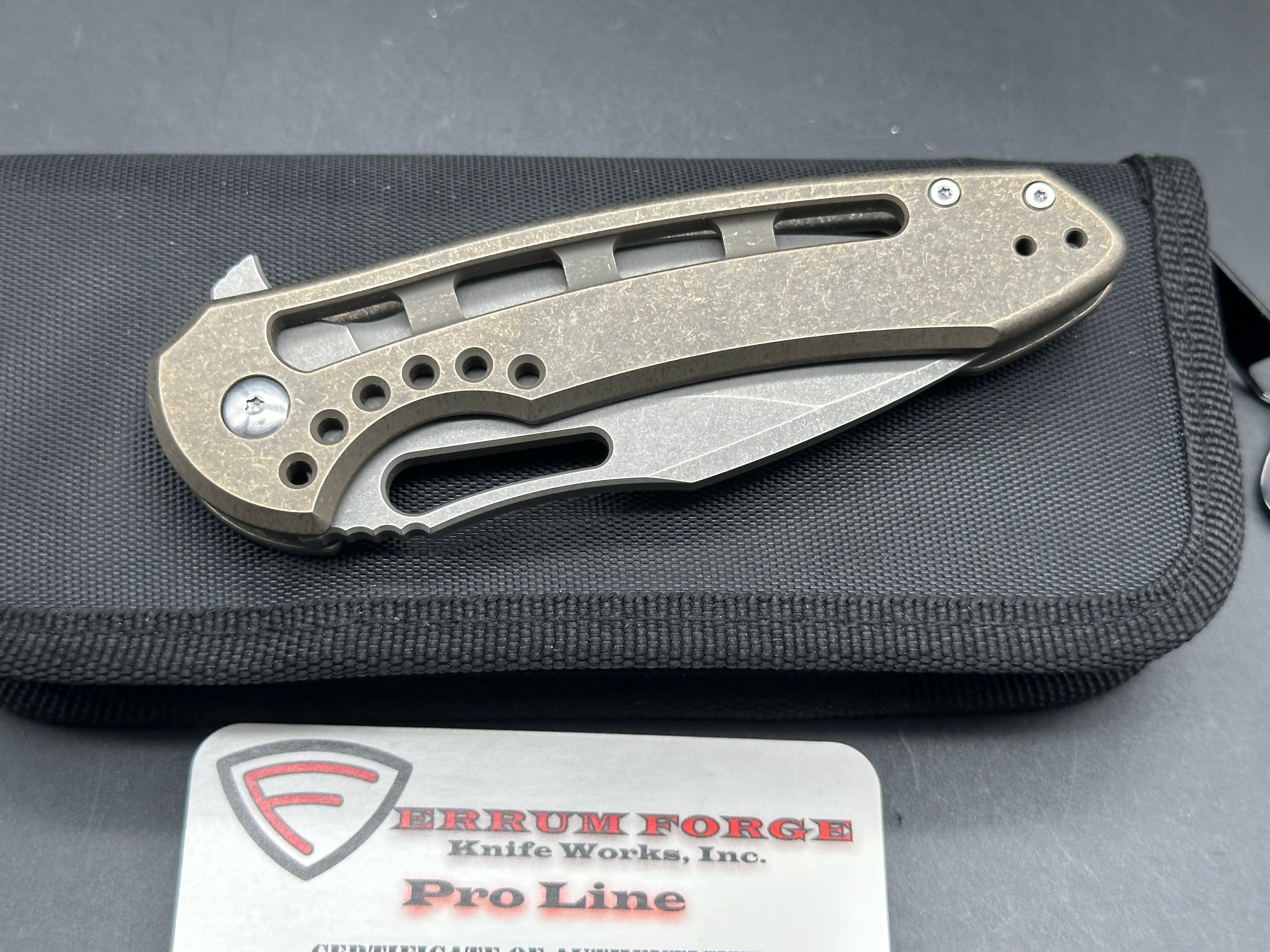 Ferrum Forge Pro Series Fortis 2.0 "Thruwork", Stonewashed CPM S35VN Blade, Stonewashed Bronze Anodized Thruwork-Milled Titanium Handles