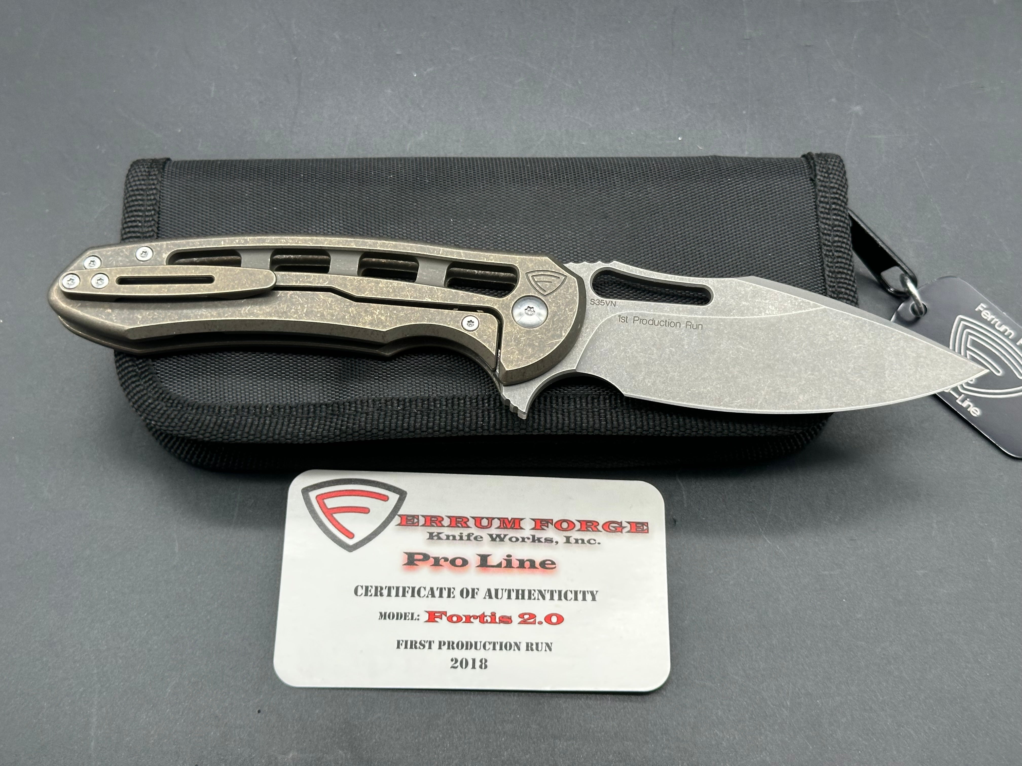 Ferrum Forge Pro Series Fortis 2.0 "Thruwork", Stonewashed CPM S35VN Blade, Stonewashed Bronze Anodized Thruwork-Milled Titanium Handles