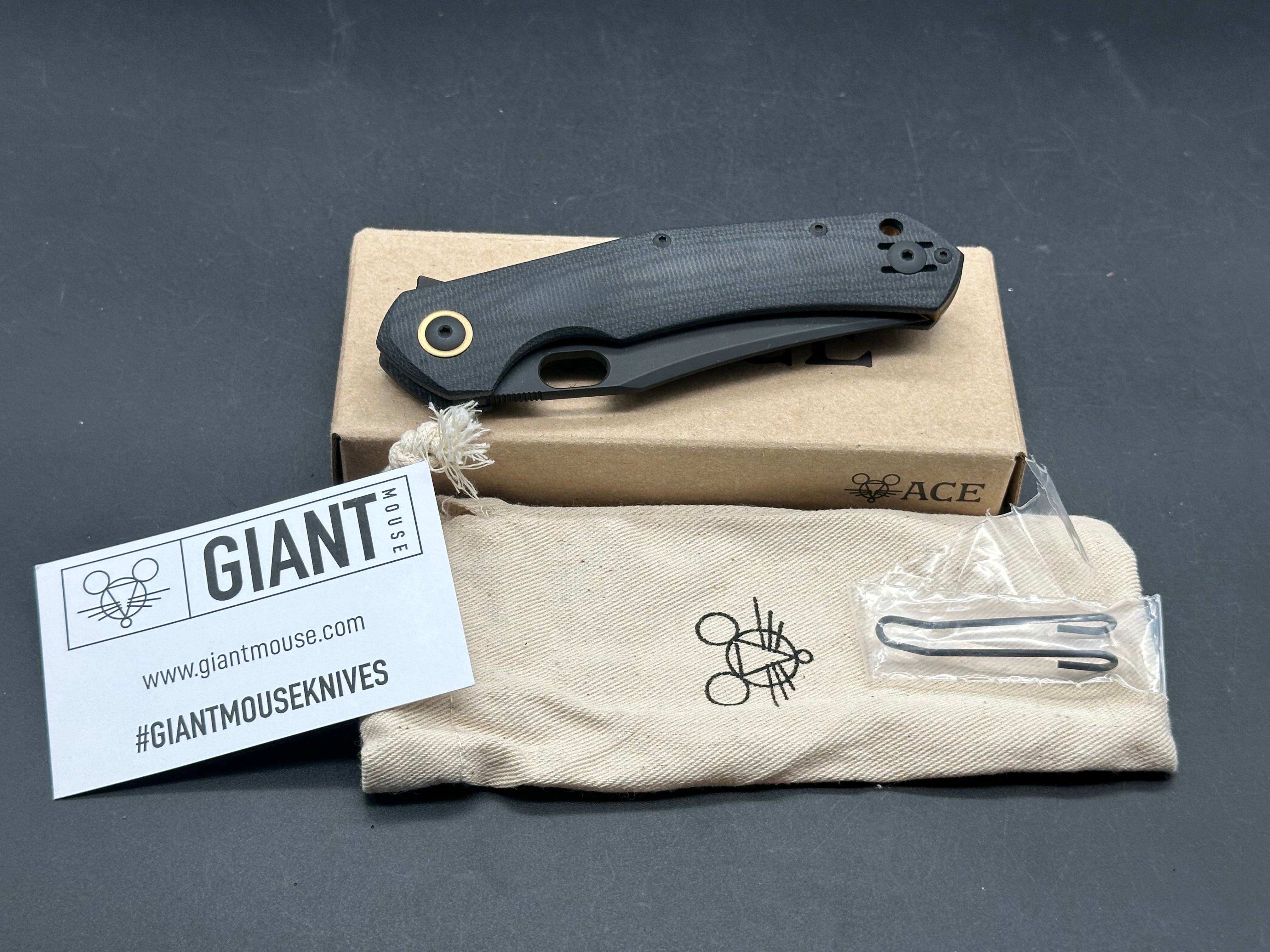 GiantMouse Ace Jutland Black Canvas Micarta PVD, Black PVD Magnacut Blade, Black Canvas Micarta Handles