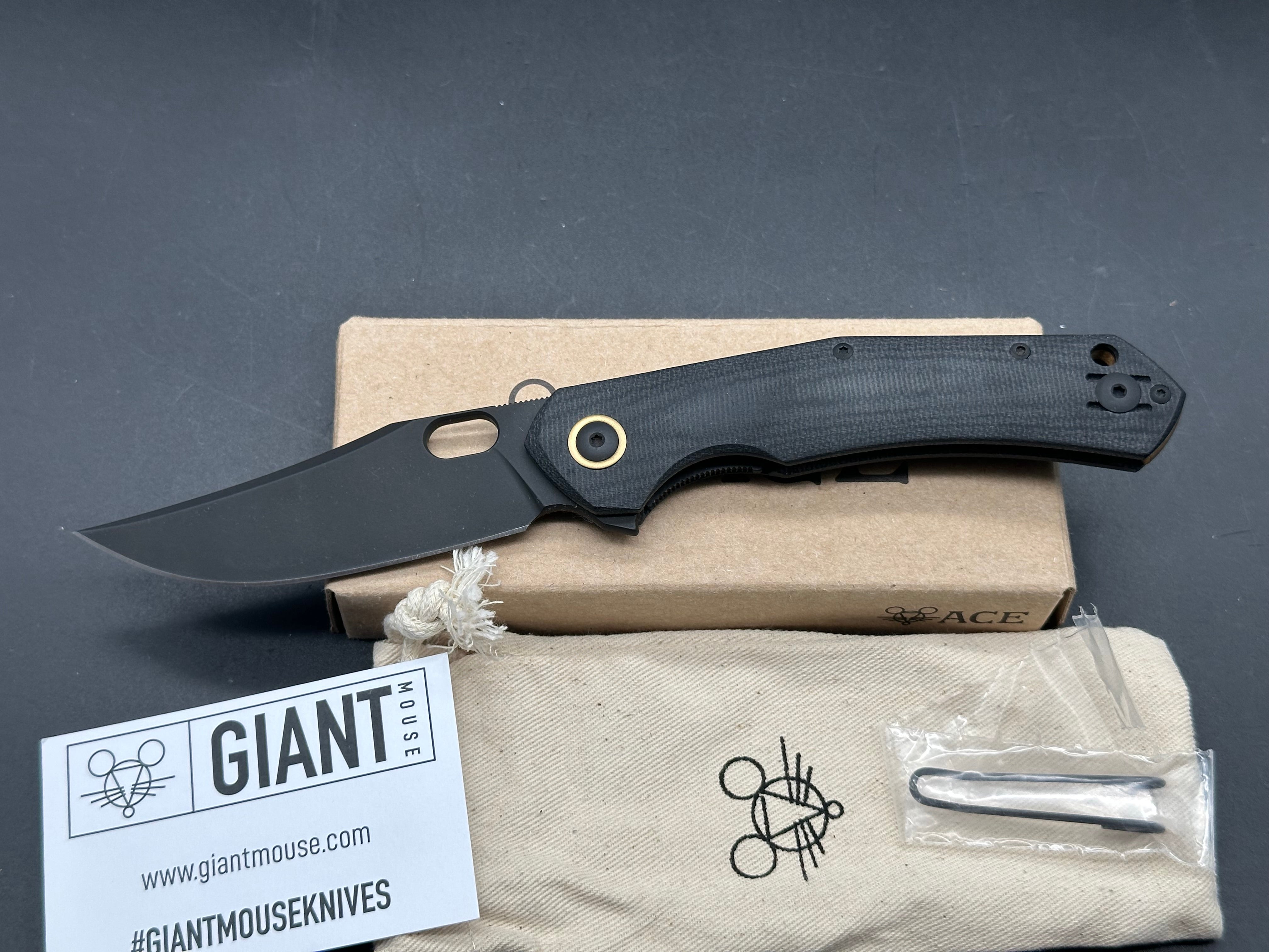 GiantMouse Ace Jutland Black Canvas Micarta PVD, Black PVD Magnacut Blade, Black Canvas Micarta Handles