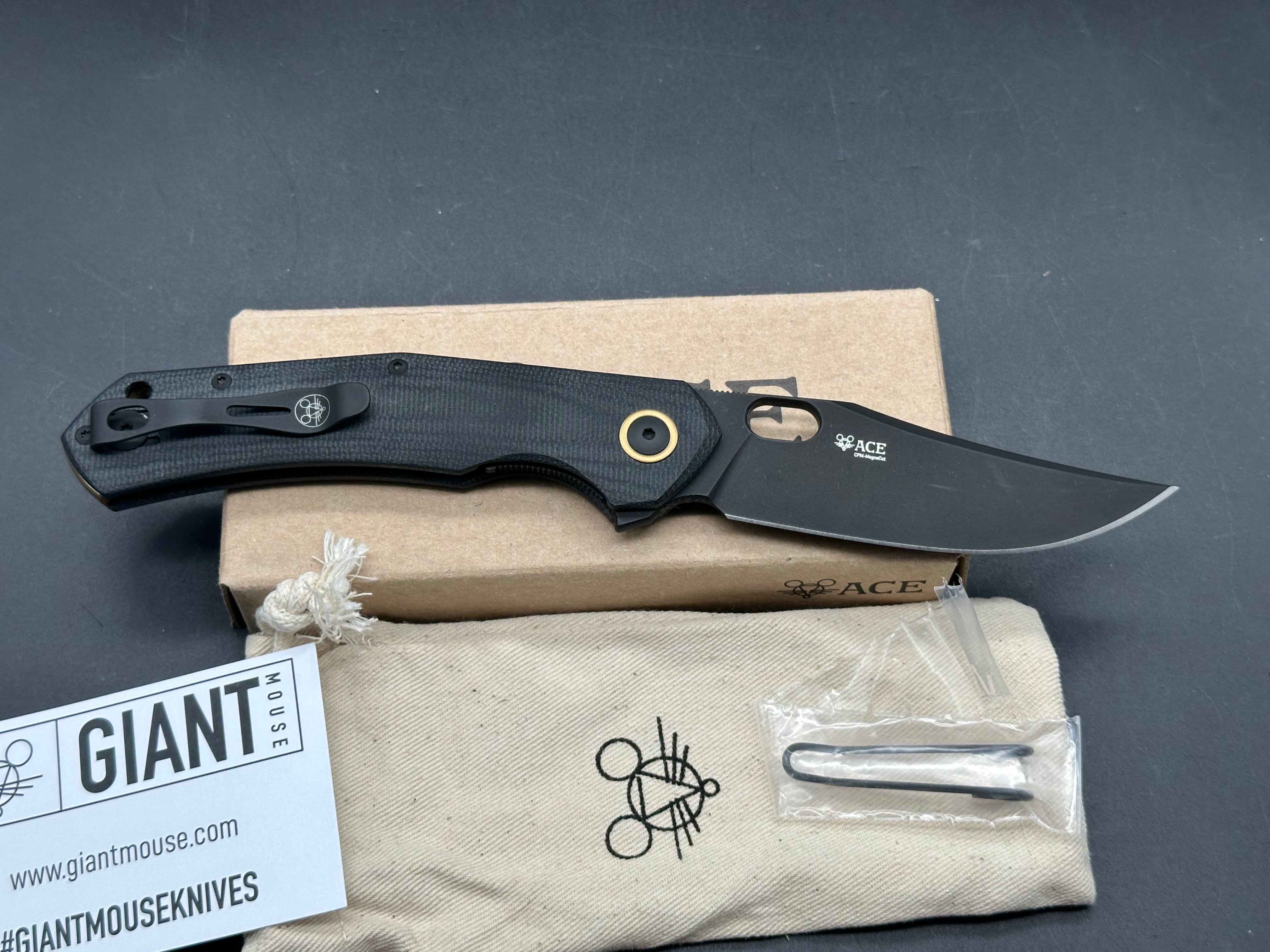 GiantMouse Ace Jutland Black Canvas Micarta PVD, Black PVD Magnacut Blade, Black Canvas Micarta Handles