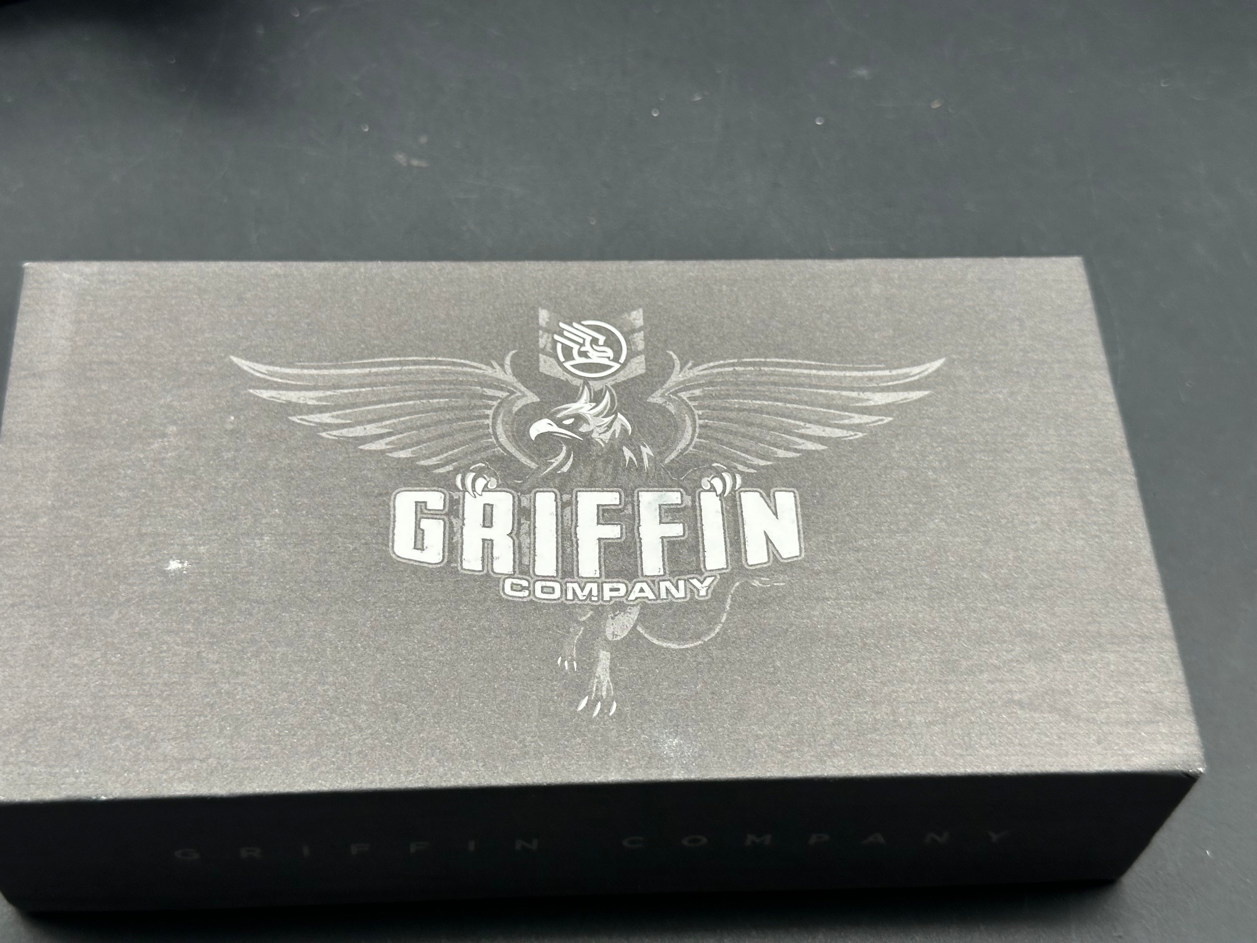 Griffin Company X Series Bolster Lock, Blackwashed CPM Magnacut Blade, Blackwashed Ti Bolster Lock with Marbled Carbon Fiber